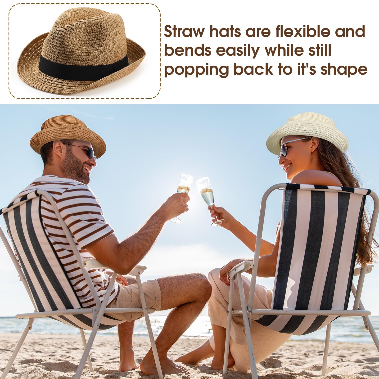 Jeyiour Lot de 24 chapeaux en paille pour femme, chapeaux panama en vrac pour homme, chapeaux courts à bord court emballables pour le soleil, chapeaux d'été en paille pour la plage, kaki, beige et