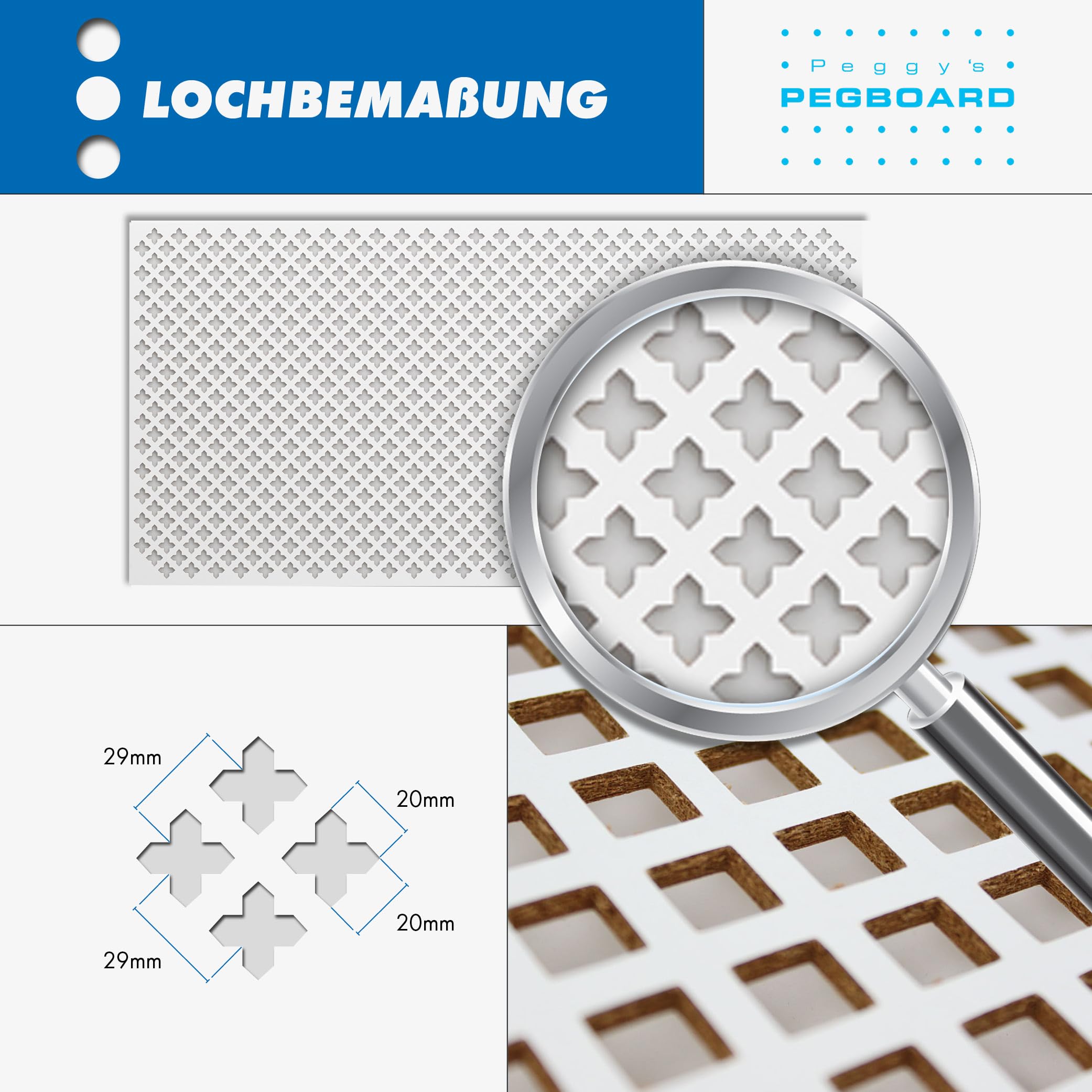 Pegboard Sevilla, parete forata 122 x 61 x 0,3 cm, pannello in legno MDF laccato bianco, prodotto in Germania, rivestimento termosifone, riempimento porta, paravento o griglia di ventilazione