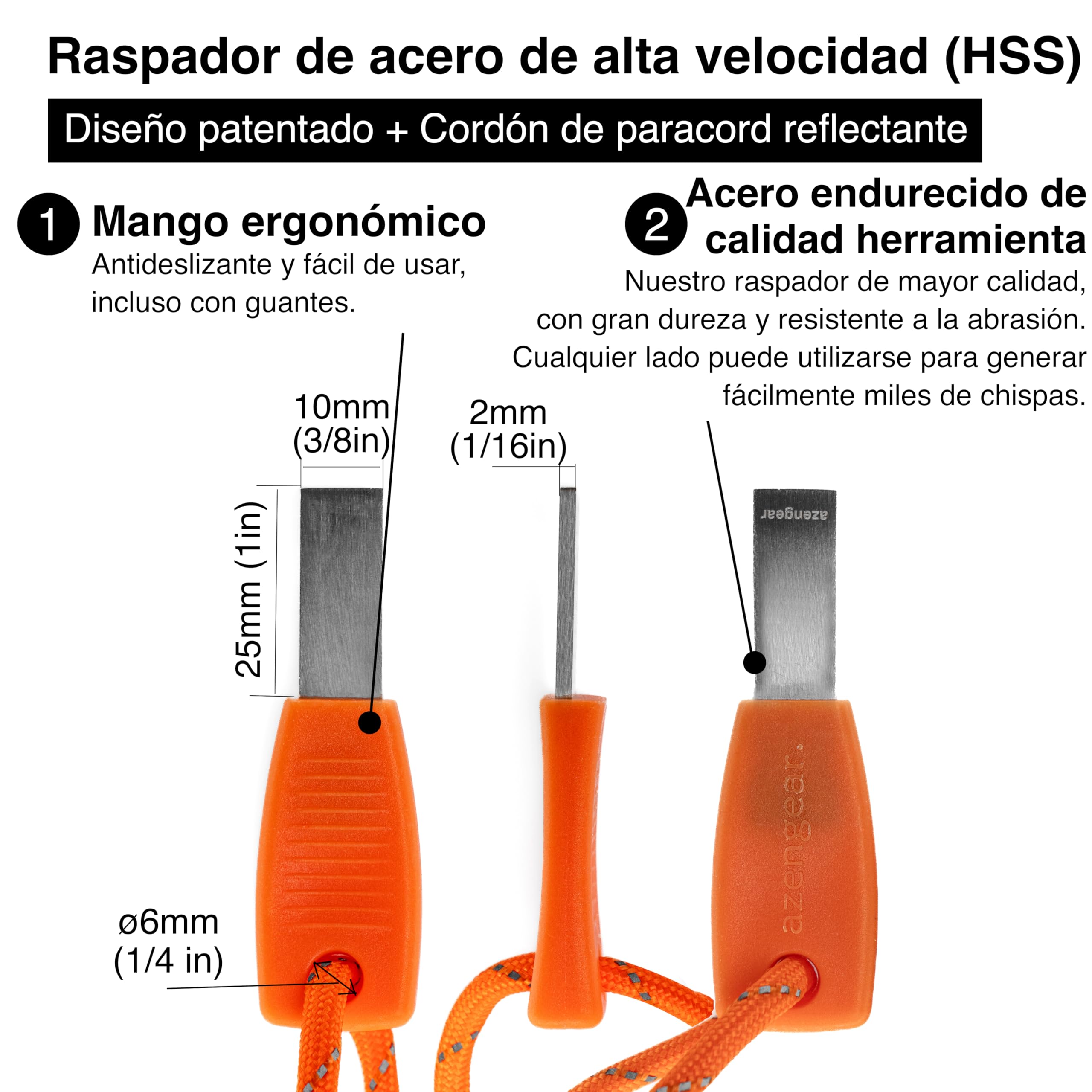 aZengear Encendedor de Fuego Ferrocerio XXL ⌀10 mm con Rascador de Acero HSS y Paracord Fluorescente Firesteel Bushcraft
