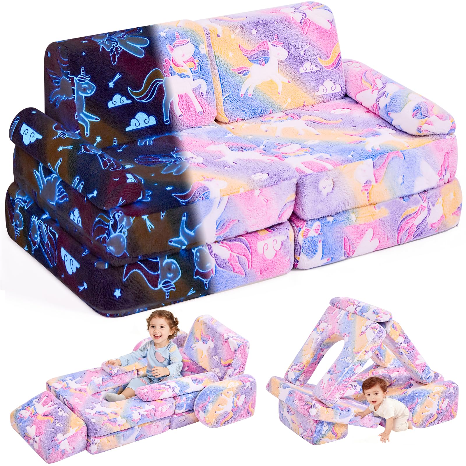 IFNOW Modular Kids Play Couch,Toddler Couch Kids Sofa,Child Sectional Sofa,Bedroom and Playroom Furniture for Toddlers,Convertible Foam and Floor Cushion for Boys and Girls,Glow in The Dark,Unicorn