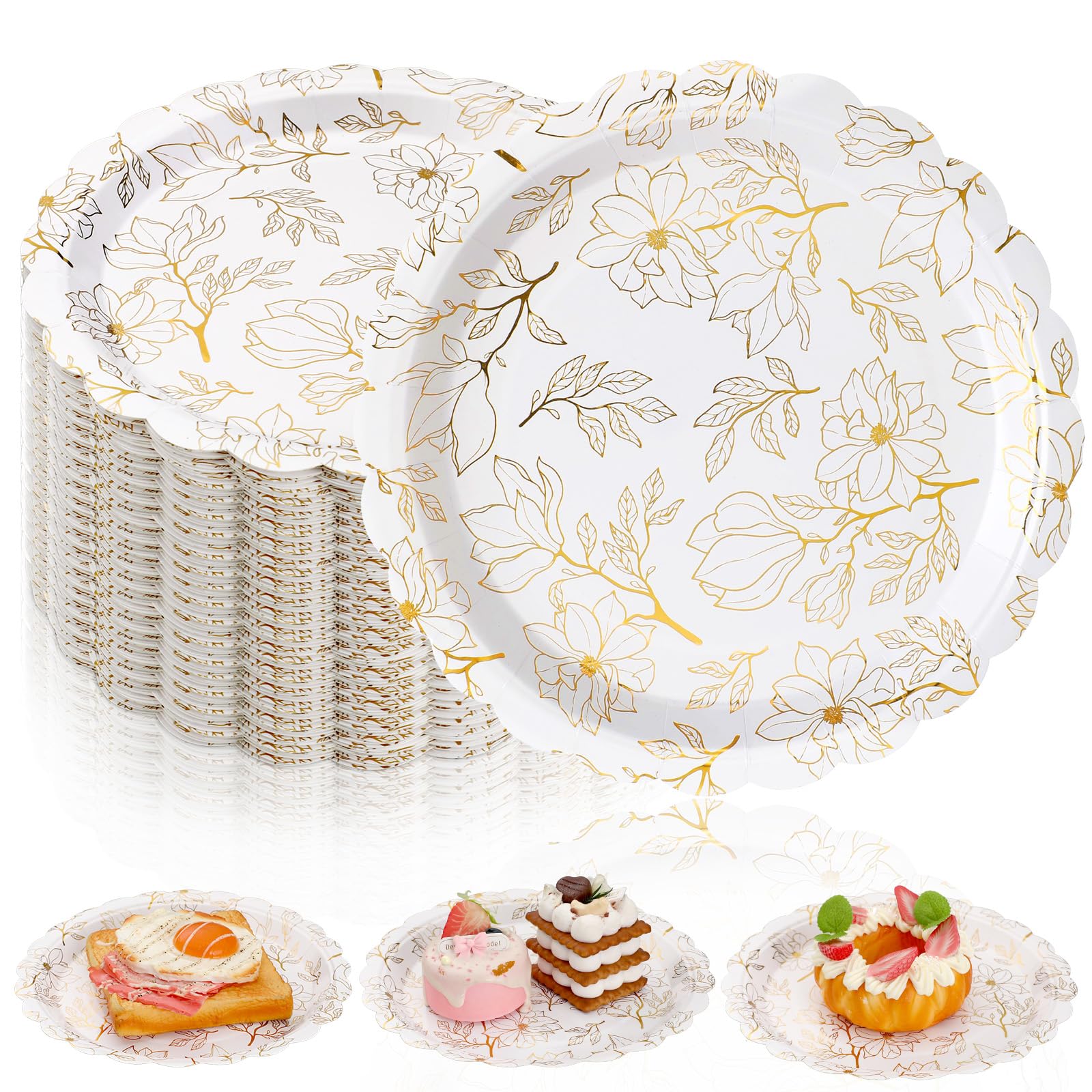 Havawish 60 Pcs White and Gold Paper Plates 9 Inch Magnolia Floral Scalloped Disposable Plates White Flowers Tableware Decorations for Wedding Bridal