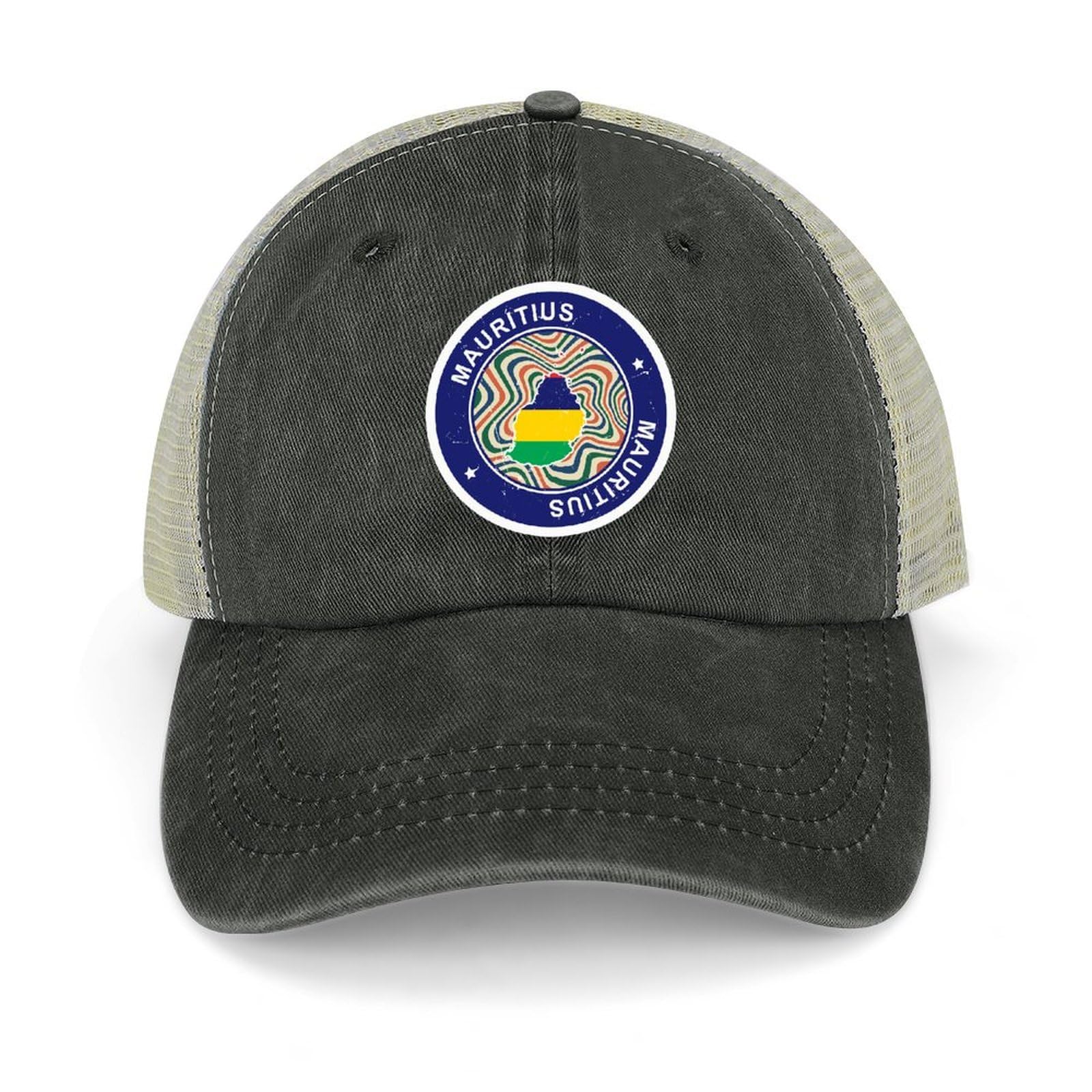 Yelolyio Unisex Black Mauritius Flag Map Adjustable Mesh Back Cap Mauritius Baseball Caps Country Pride Mesh Baseball Cap Retro Washed Trucker Cap Breathable Sun Hat