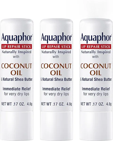 Aquaphor Naturally Inspired Lip Repair Stick with Coconut Oil and Natural Shea Butter, Hydrating Lip Balm Immediately Relieves Dryness and Soothes Chapped Lips, 0.17 Oz Stick, Pack of 3