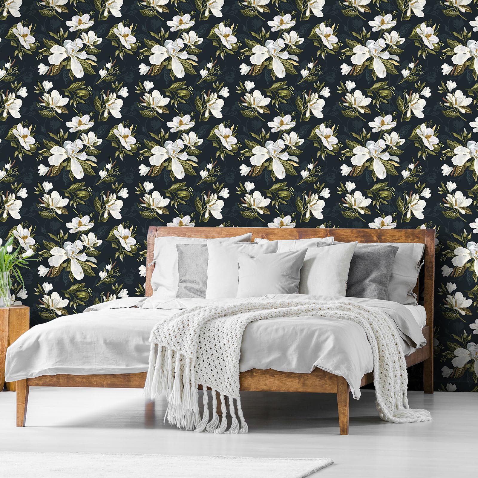Carta da parati floreale nera in fiore Gardenia bianco grande fiore carta da parati Peel and Stick 61 x 299,7 cm decorativo floreale scuro carta da contatto per armadi pareti rimovibili