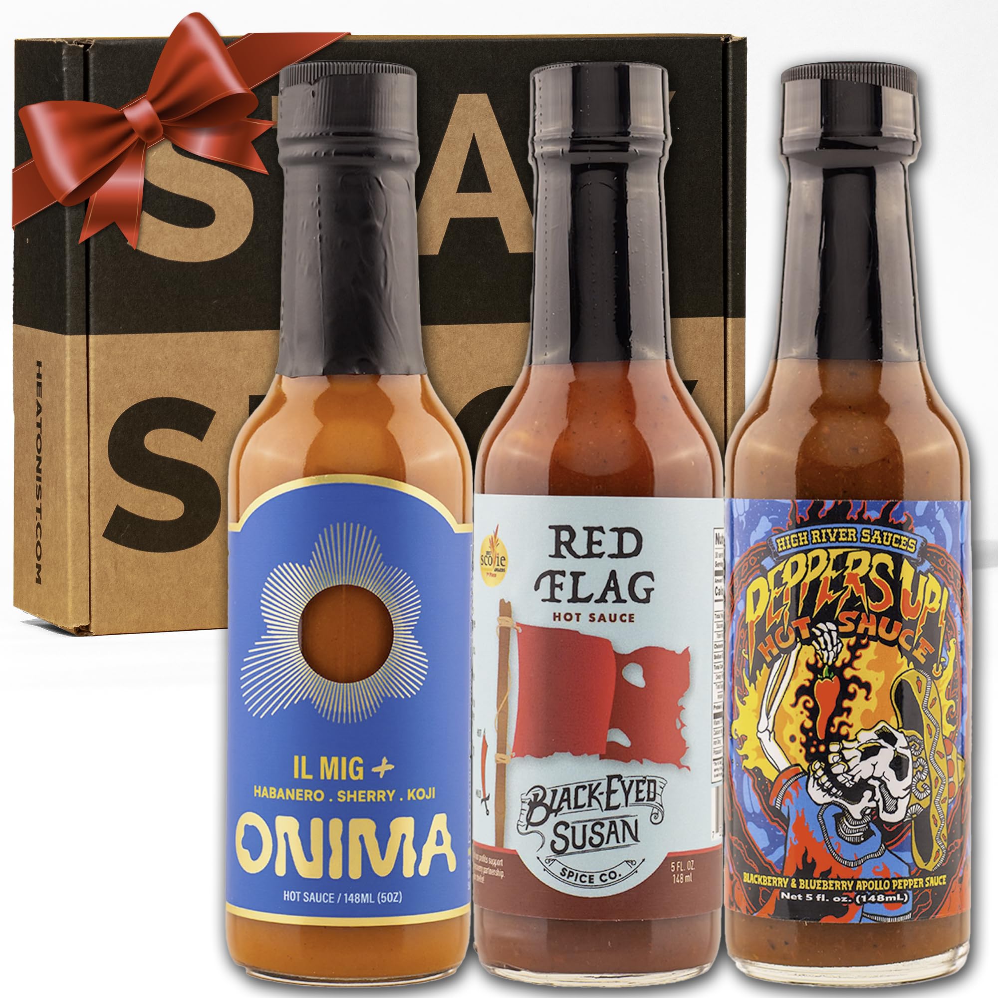Hot Ones Season 24 Heat Pack, Hot Sauces Gift Pack With Onima (IL MIG+), Black-Eyed Susan (Red Flag), High River Sauces (Peppers Up!), Made With All Natural Ingredients, 5 fl oz Bottles (3-Pack)