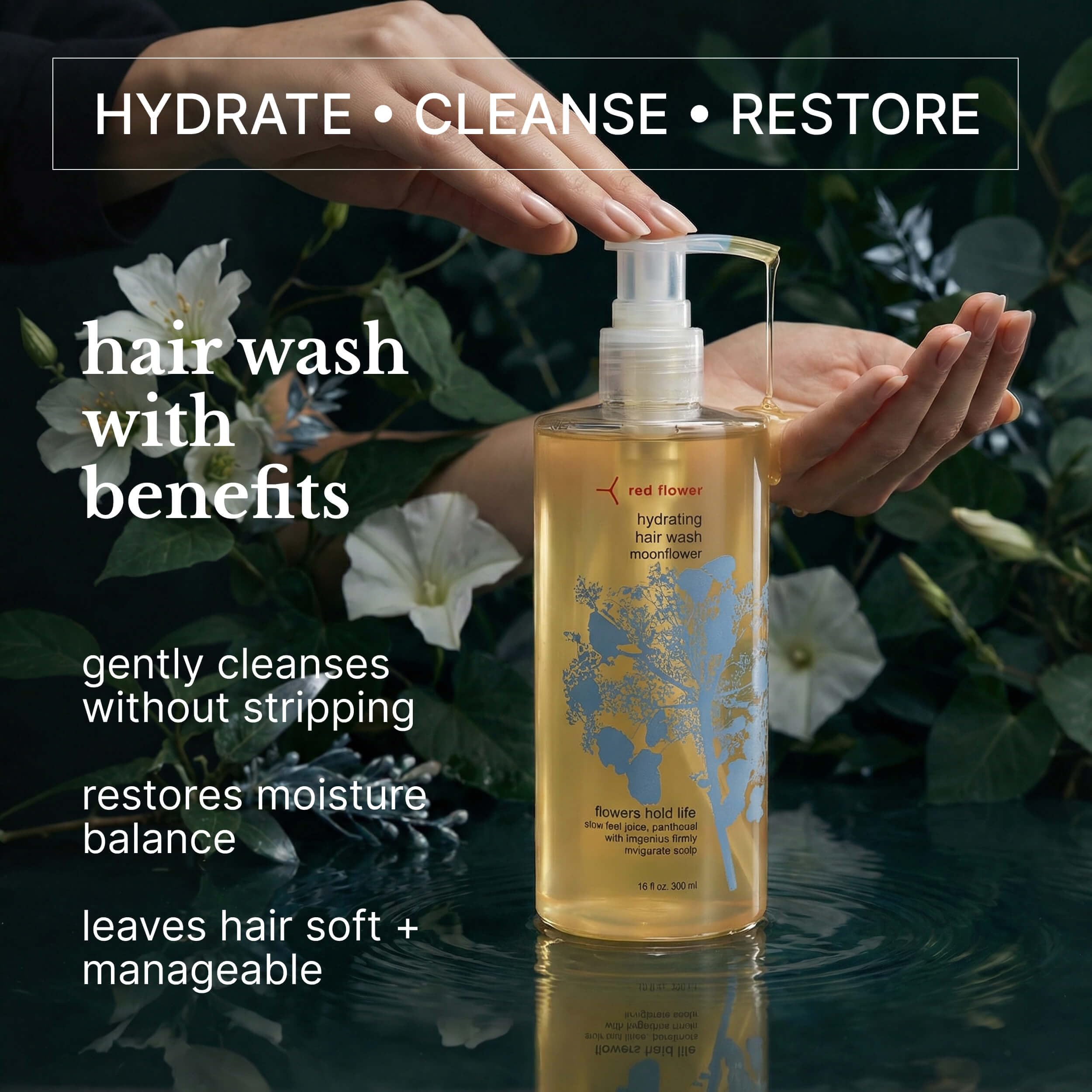 Red Flower Moonflower - Shampoo idratante per capelli, senza solfati, con glicerina di cocco, provitamina B5 e una miscela di oli essenziali aromaterapeutici, per tutti i tipi di capelli (283 g)