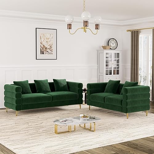 OUYESSIR Juego de sofá y sofá biplaza para sala de estar, moderno y cómodo sofá de nube de terciopelo con 5 almohadas, juegos de muebles de sofá de