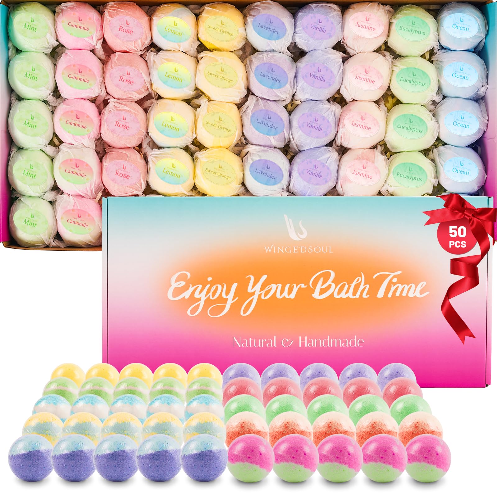 Organic Bath Bombs Set, 50 PCS with 10 Scents, Essential Oils & Shea Butter