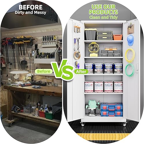 Miniatura 149 de Armario de almacenamiento de metal con tablero de clavijas de 31.5 x 31.5 x 16.5 pulgadas, armario de almacenamiento de acero con cerradura con 5