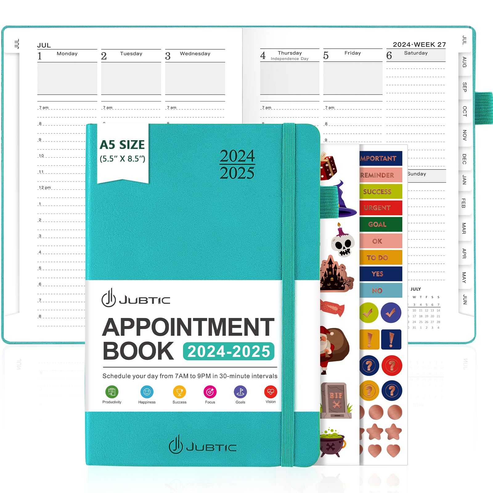JUBTIC Appointment Book 2024-2025, Daily Weekly and Monthly Planner from July 2024 - June 2025 with Hourly Schedule, Academic Planner 2024-2025 with Soft Cover, A5(5.8"x8.5"), Turquoise