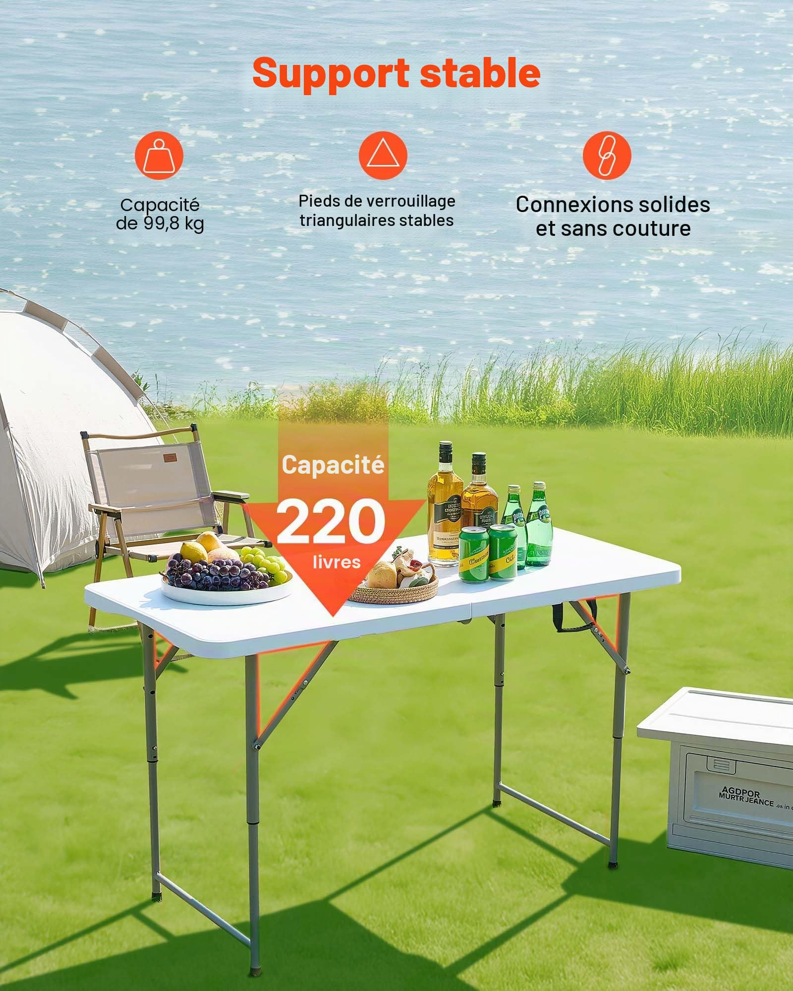VEVOR Table Pliante Rectangulaire en Plastique, Table Utilitaire Portable de 122 cm, avec Hauteur Réglable et Poignée Intégrée, pour Dîner, Pique-Nique, Camping, Intérieur et Extérieur, Blanche