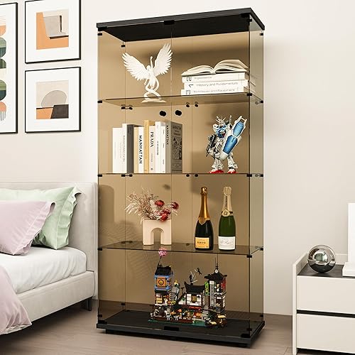 Miniatura 10 de FANYUSHOW Vitrina de cristal templado con 4 estantes con cerradura de seguridad, estante de exhibición de 0.197 in para sala de Blanco,Negro