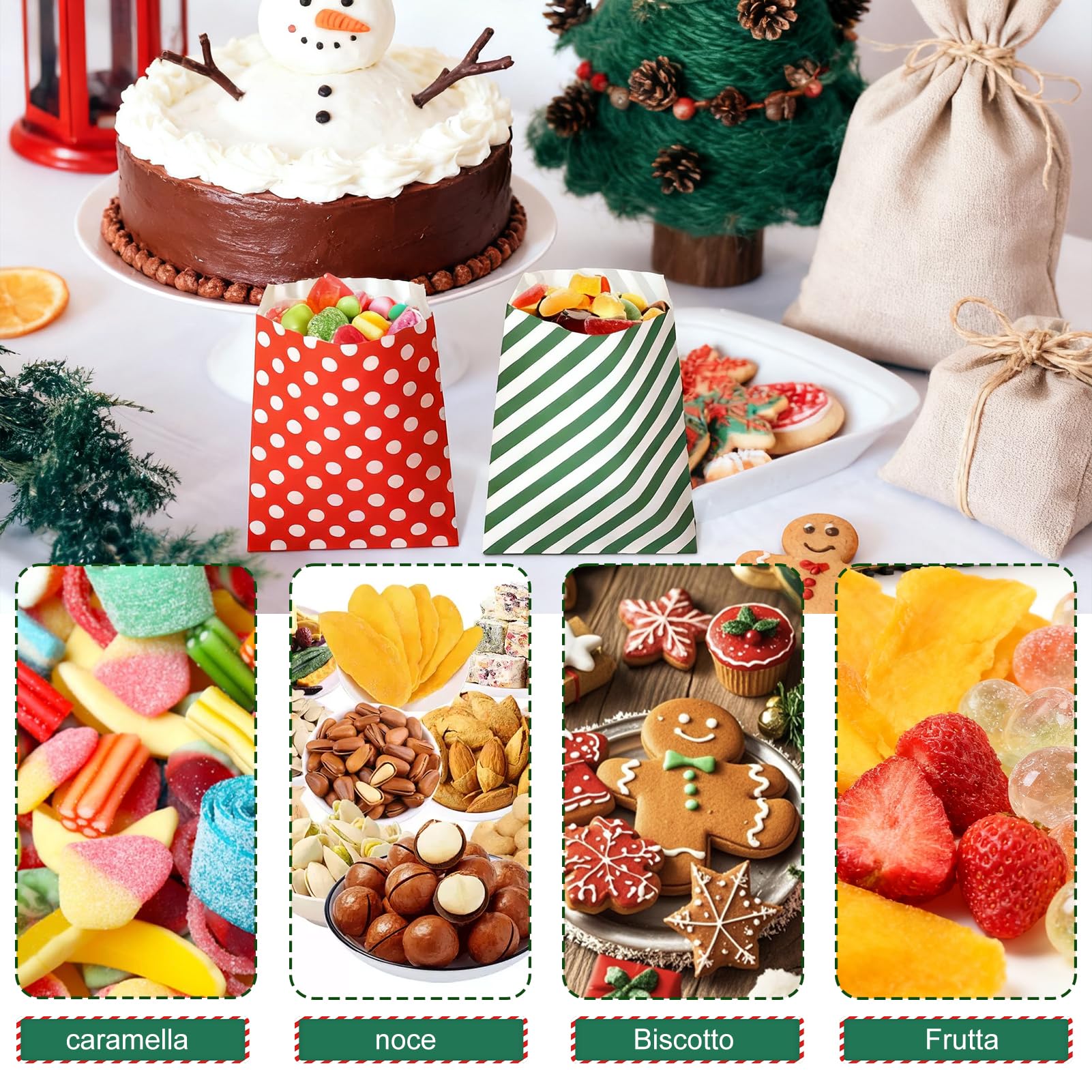 Confezione da 24 Sacchetti Regalo di Carta Colorati con 24 Adesivi Natalizi, Sacchetti Regalo di Natale per Incartare I Regali, Fai da Te, Matrimonio (Rosso e verde con 3 motivi adesivi