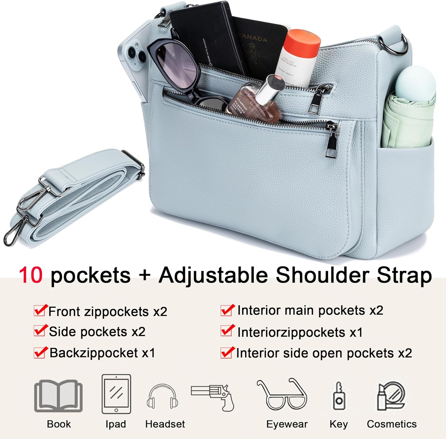 YZAOLL Large Crossbody Shoulder Bag for Women Vegan Leather Tote with Adjustable Wide Strap Work Purse with 10 Pockets