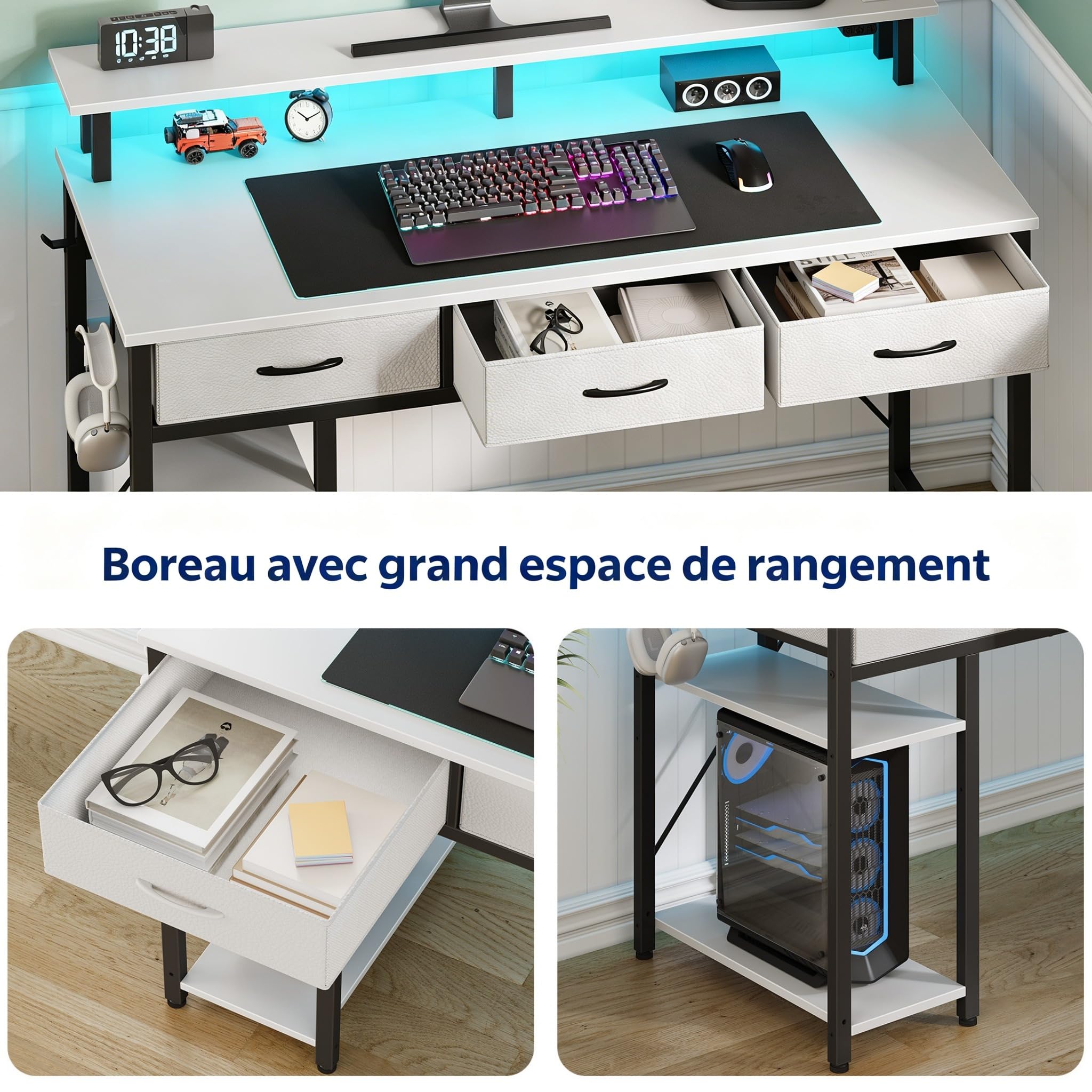 Rolanstar Bureau avec Rangement 100 cm - Table Ado 3 Tiroirs LED RGB Prises de Courant, Blanc
