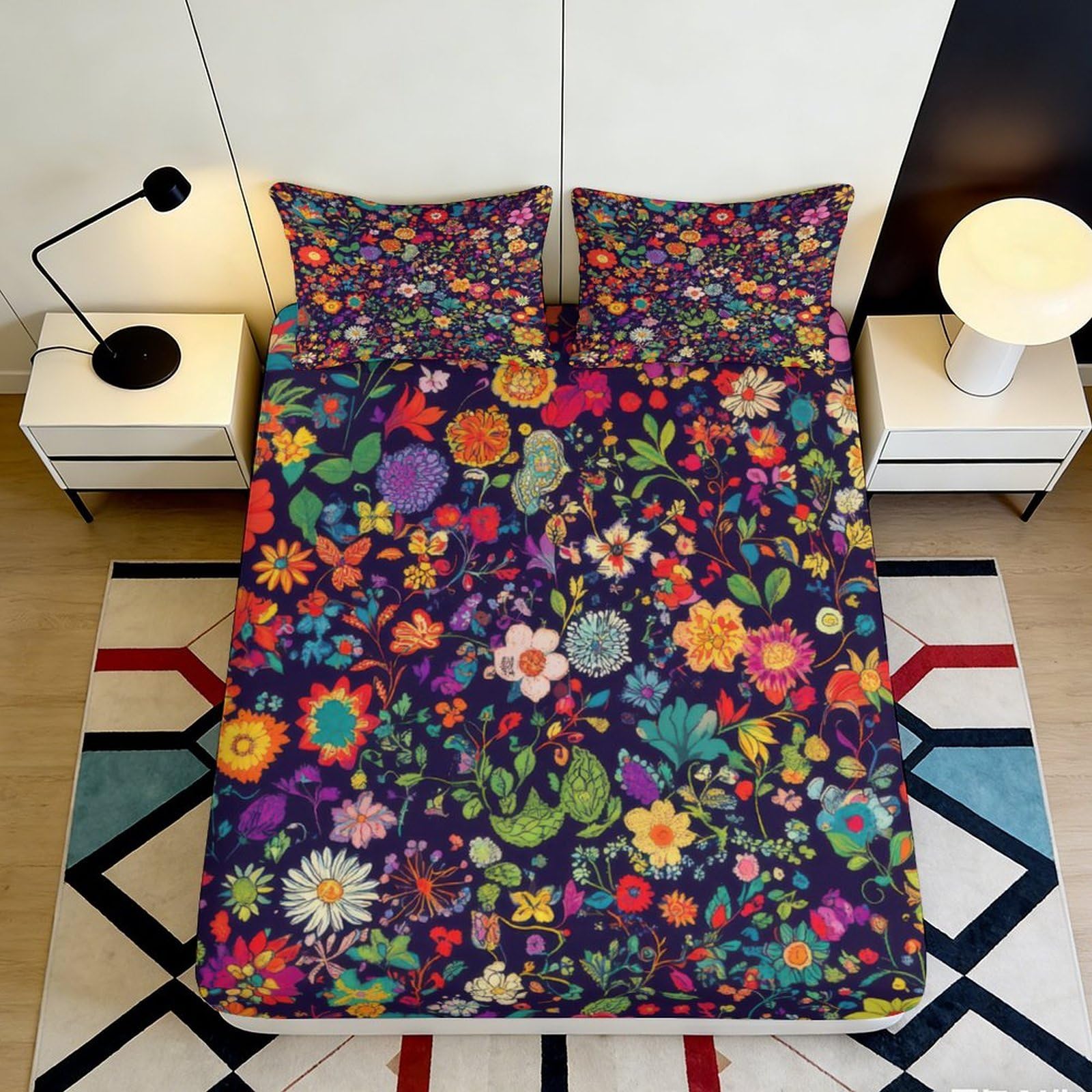 3D Printed Floral Fitted Sheet Microfiber Deep Pocket Bedroom Bedding Floral Mattress Fitted Cover Elastic Hem Washable for Adults Teens 140x200x25cm