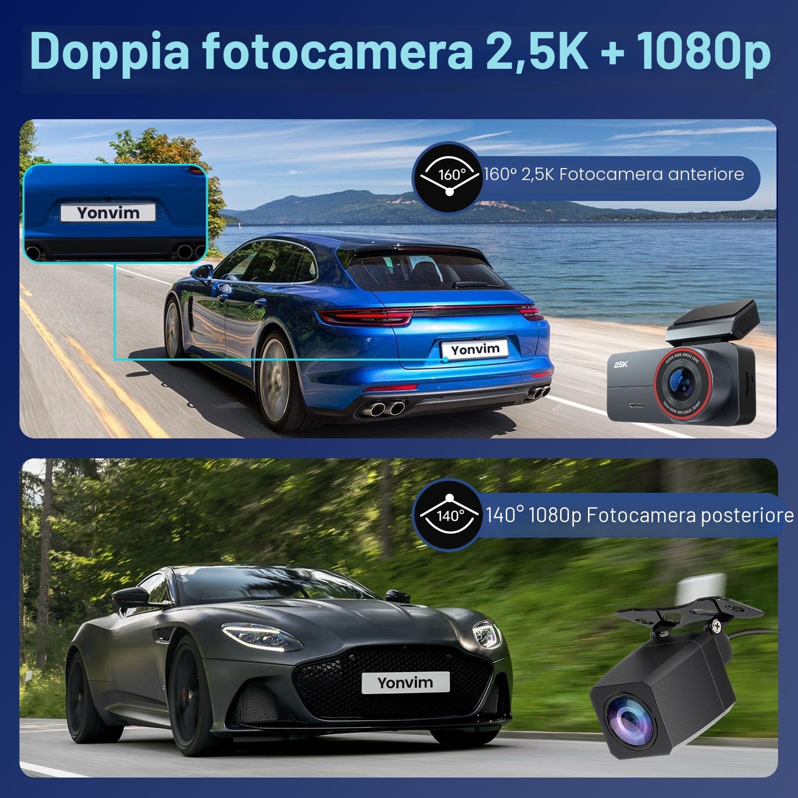 Dash Cam Auto 2.5K QHD 3.39 IPS con Scheda 64GB Gratis - Telecamera Anteriore e Posteriore, Doppia Lente,Visione Notturna 160°,Parcheggio 24H,G-Sensor | Accessori Auto per Sicurezza