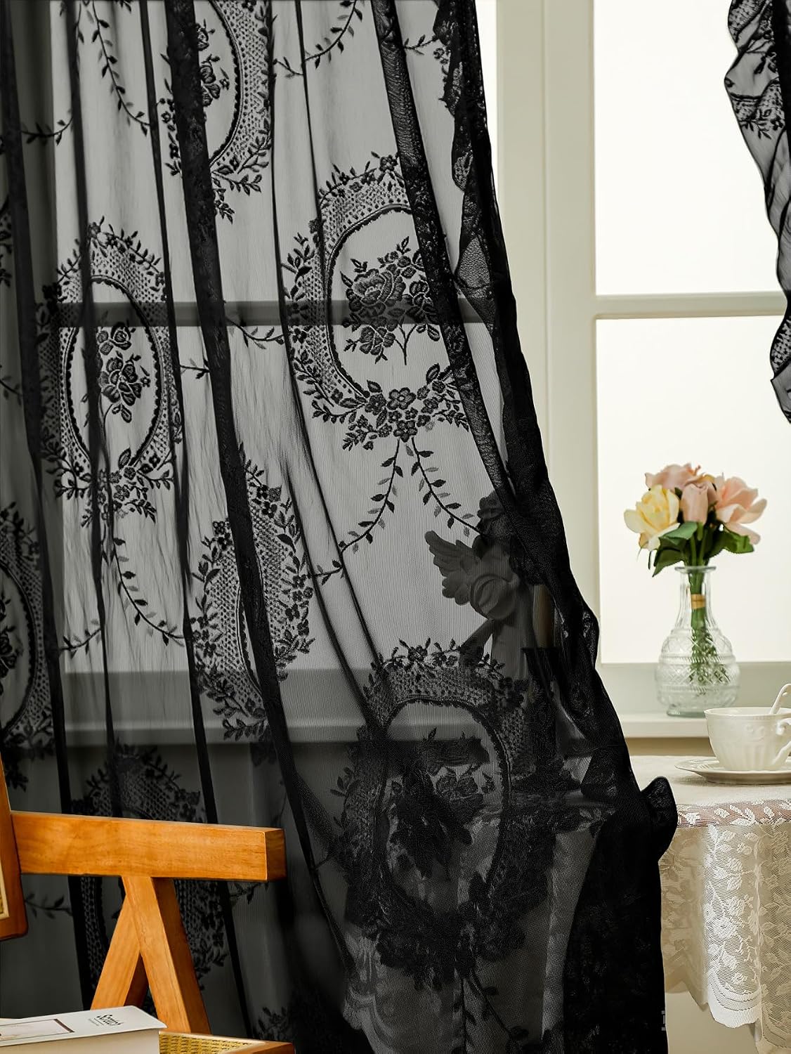 vctops Gothic Black Lace Curtains for Bedroom Living Room 78 Inches Long 2 Panel Sets, Spring Floral Embroidery Sheer Curtains Boho Ruffle Rod Pocket Drapes (Black,55"x78")