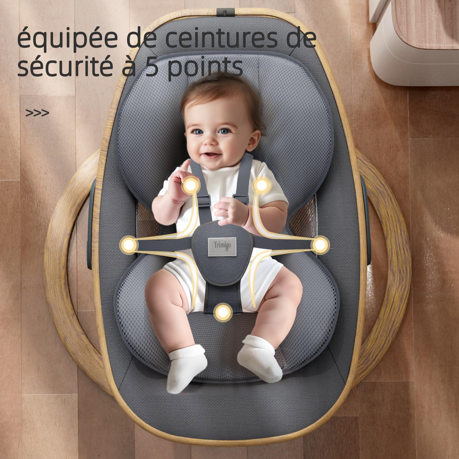 transat bébé électrique 180° réglable 3D, avec télécommande, 5 modes, 4 vitesses, 3 hauteurs de siège, 8 chansons d'apaisement, balancoire bébé 0-12 mois (coloris bois）