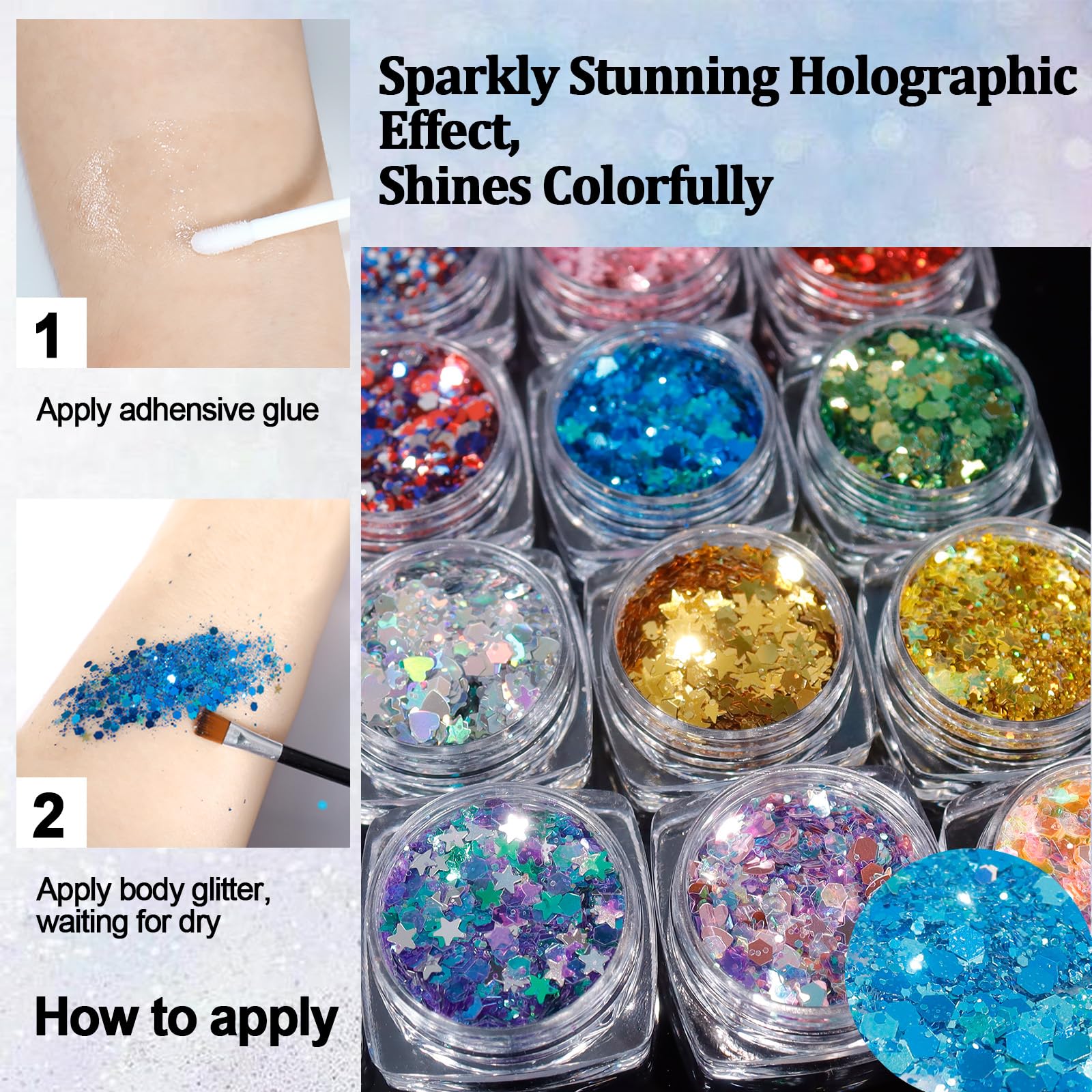 Brillantina holográfica gruesa de 16 colores con pegamento para maquillaje, cabello, ojos y sombra de ojos con purpurina fina, perfecta para fiesta de bandera del 4 de julio, Halloween 3