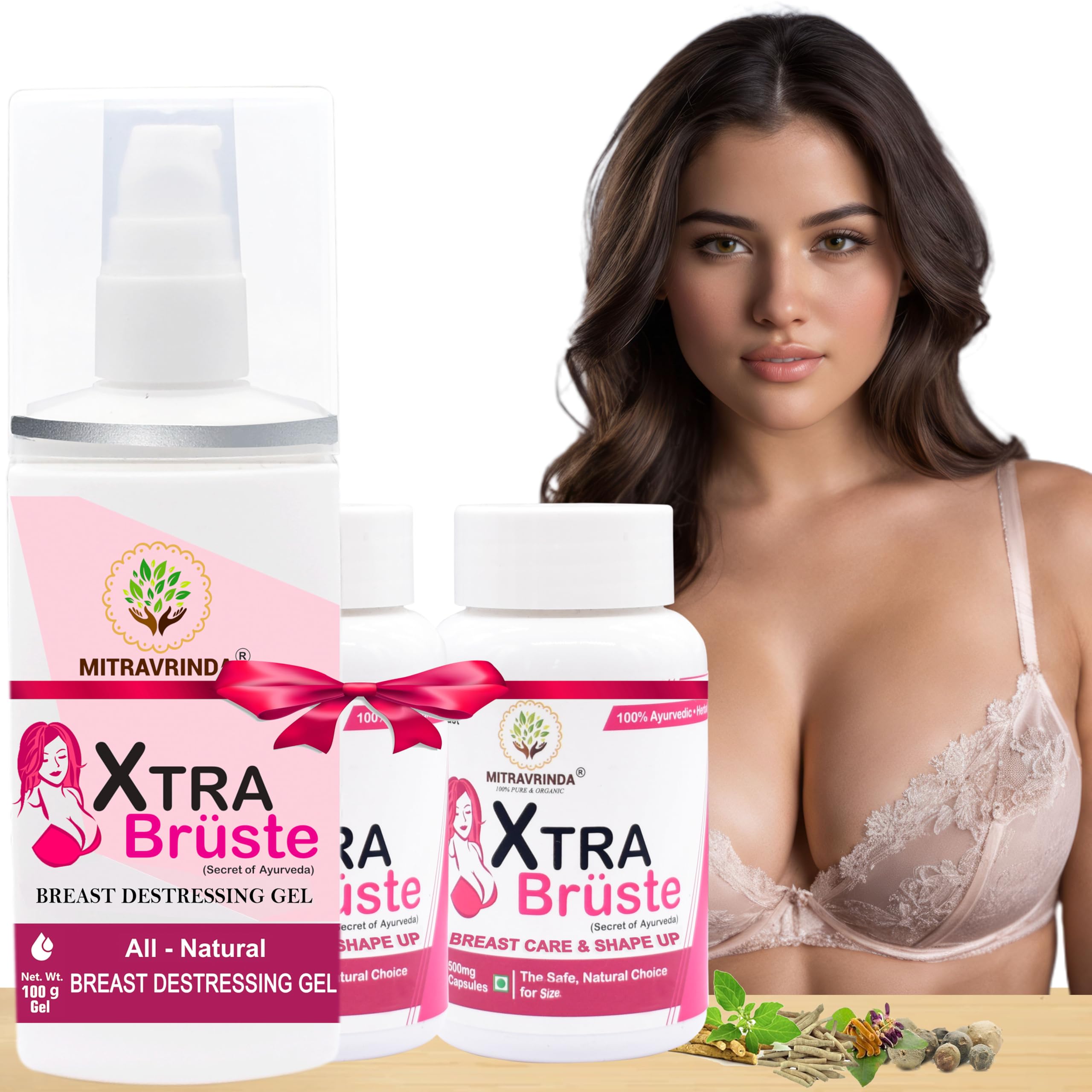 Xtra Bruste Gel & Capsules 2X formula to Destressing for Women - With Hyaluronic Acid and Vitamin E | Body Massage gel and b-care Capsules for support Feel healthy & fuller volume | Enhance your natural beauty with this ingredients to Ashwagandha, Shatavari, Mochras, Kounch, Vach (1 Gel and 2 Capsules Bottles)