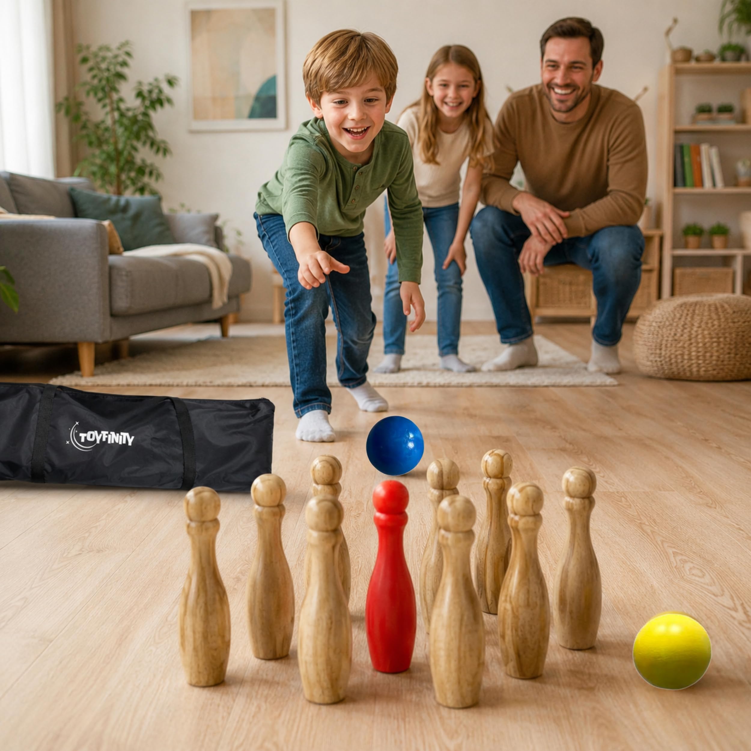Jeu de quilles en bois FSC avec 9 broches, 2 balles et sac de transport, pour l'intérieur et l'extérieur, le jardin, les fêtes et les jeux