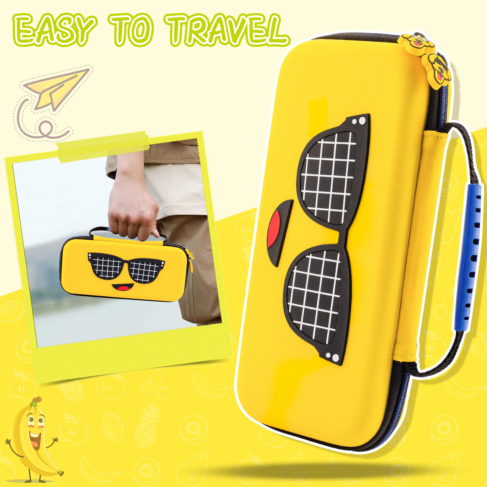 FUNDIARY Custodia da trasporto gialla compatibile con Nintendo Switch OLED, grazioso pacchetto di accessori a banana per console Switch con guscio protettivo rigido per PC, pellicola protettiva HD e 2