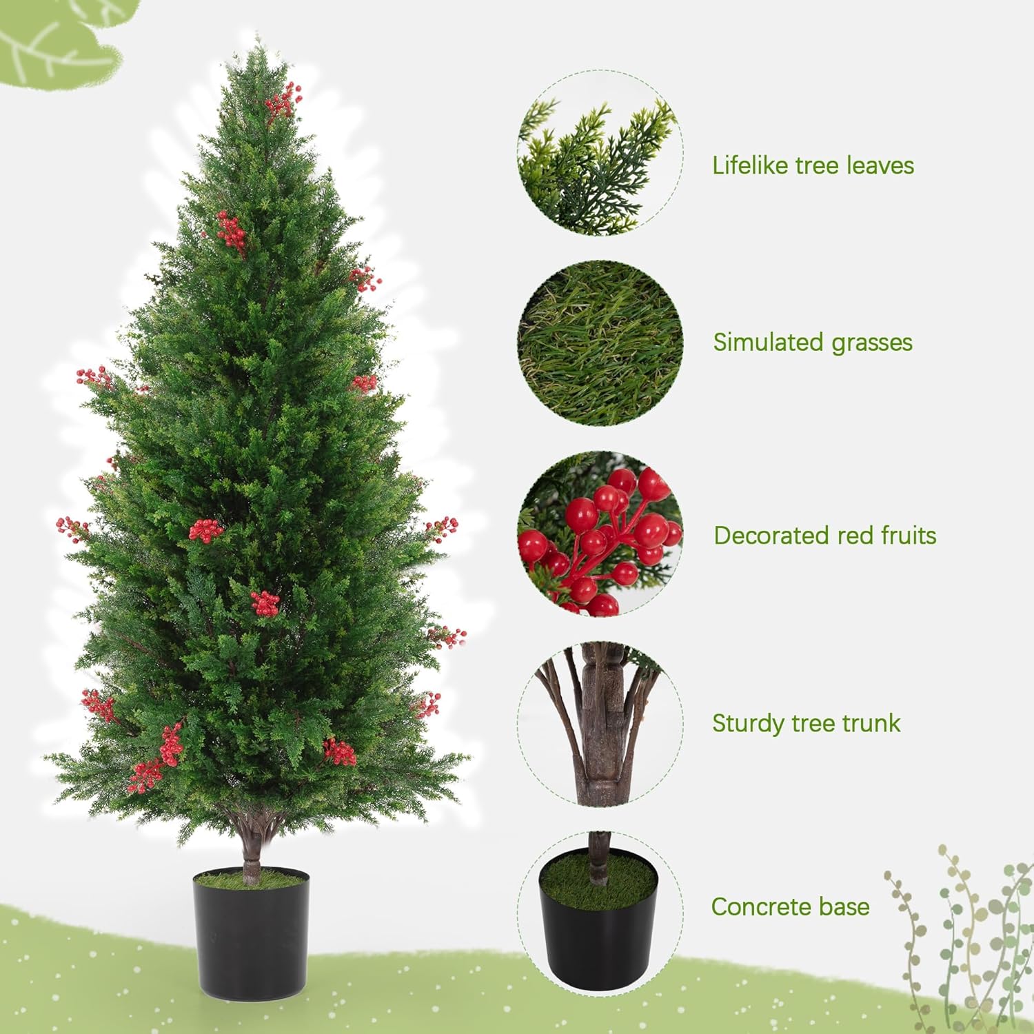 5.3 FT Topiary Trees Outdoor,JAXPETY UV Resistant Fake Pine Tree,63" Small Christmas Tree with Red Berries, Shrubs Evergreen Potted Plants for Front Door Decor, Tall Artificial Cedar Outside (2pcs)