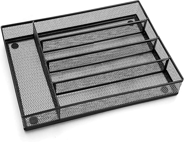 HaWare Cutlery Tray, Cutlery Organizer, Non-Silp 5 Compartments Utensil Drawer Storage, Kitchen/office, Steel Mesh Silverware Drawer/ Holder/ Divider, 31.8x23.7x5cm, Rust-Free, Black