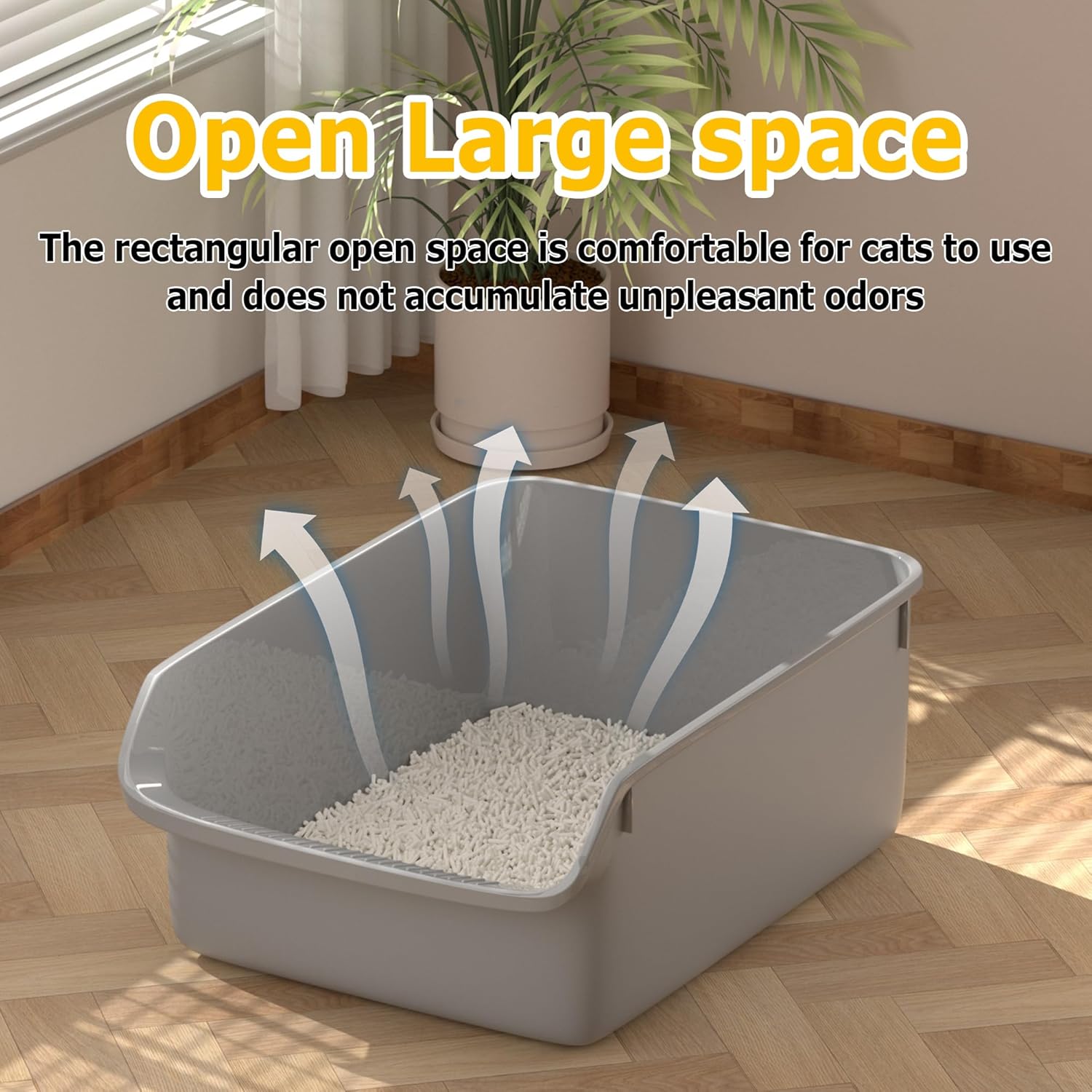 Large Cat Litter Box with High Side Cat Litter Pan Boxes for Indoor Cats Kitty Litter Box with Low Entry Open Top Entrance Anti-Splashing(Grey)