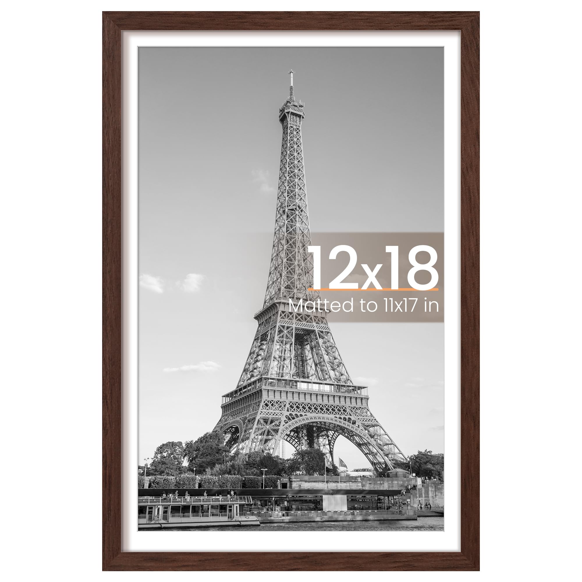 upsimples 12x18 Picture Frame, Display Pictures 11x17 with Mat or 12x18 Without Mat, Wall Hanging Photo Frame, Brown, 1 Pack