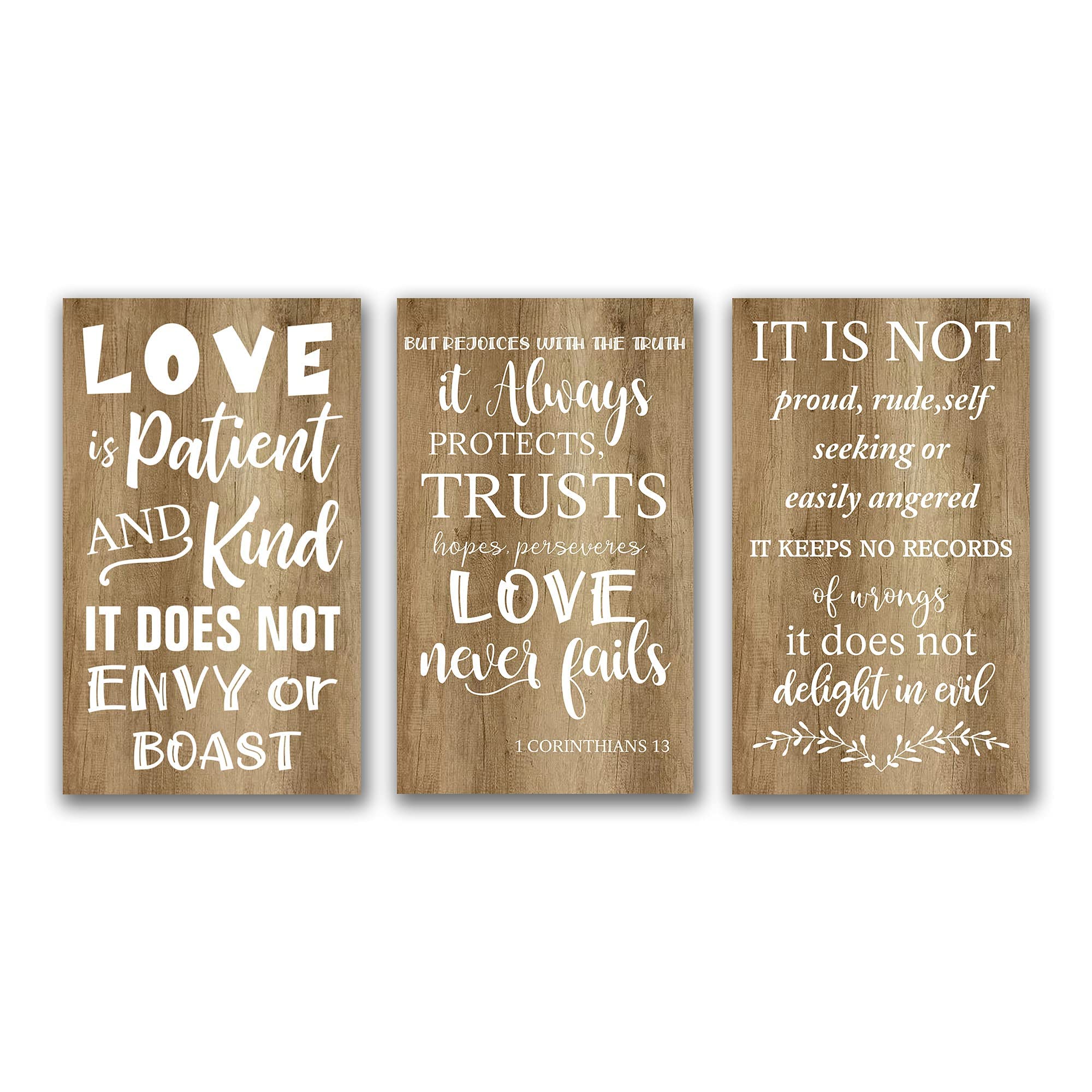 Love is Patient Love is Kind Love Never Fails Set of 3 Religious Bible Verse Wall Decor Unframed Wood Signs 1 Corinthians 13 Love Chapter for Bedroom Living Room Wedding Engagement Housewarming Gift