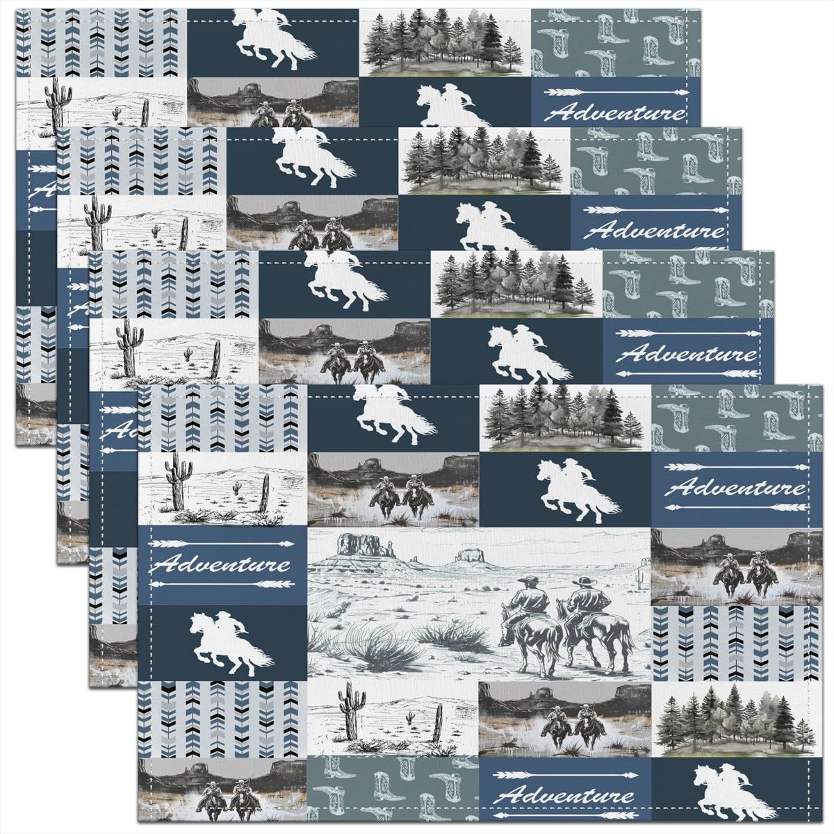 Homemissing Wild West Cowboy Table Place Mats, 45X30cm Western Decor Placemats Set of 4 for Kids Boys Girls Decor Rodeo Cowboy Style Placemat for Kitchen Dining Table Indoor Outdoor Blue