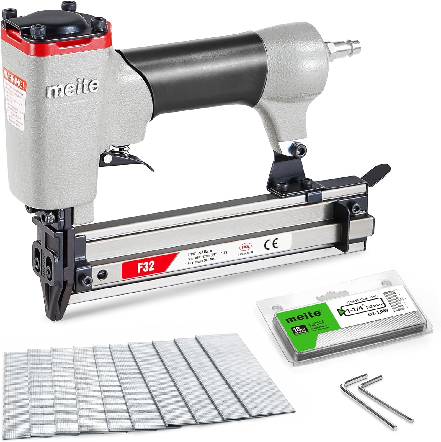 meite F32 Pneumatic Brad Nailer Kit Includes 1,000pcs 18 Gauge Brad Nails 1-1/4-Inch, Small Finishing Nail Gun Nails Ideal for Trim Work, Furniture Building & Finish Applications