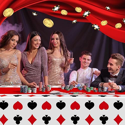 Miniatura 7 de Hosuly 3 piezas de decoración de fiesta temática de casino, mantel de póquer de plástico desechable, mantel temático de casino para juegos,