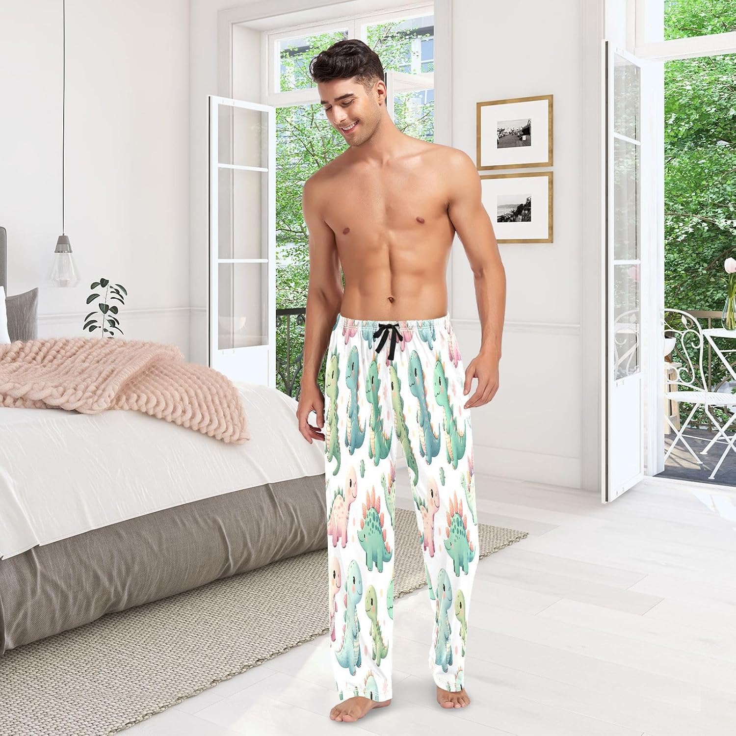 ALAZA Cute Dinosaurs Dino Cartoon Men's Pajama Pants Men Cotton Pajama Bottoms with Pockets, S