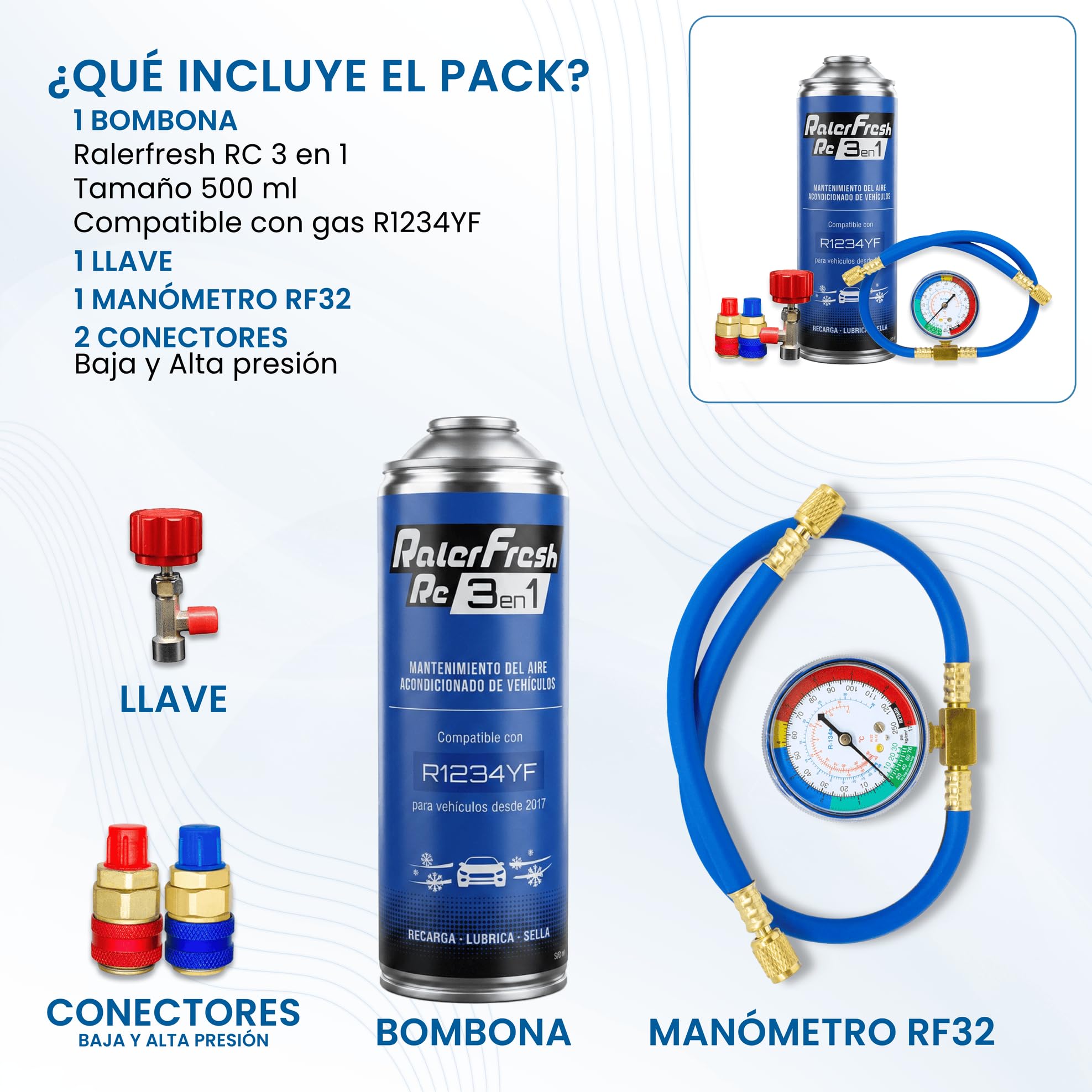 Ralerfresh RC 3 in 1 – Ricarica Aria Condizionata Auto R1234yf dal 2017, Gas Refrigerante, Sigillante Perdite, Lubrificante, Manutenzione Completa (Bombola RC31 + Manometro Tubo + Connettori)