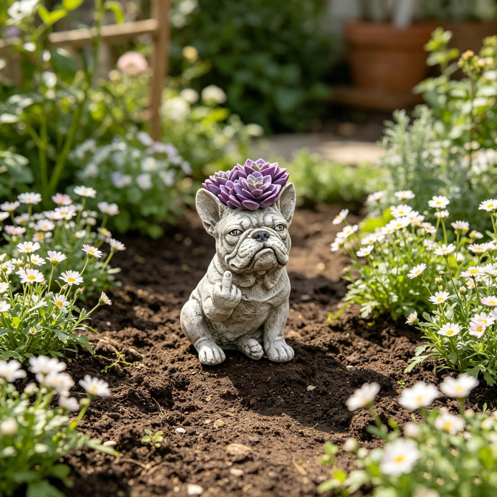 Pot de fleurs amusant en forme de bouledogue français, pot de fleurs créatif en résine, décoration de jardin, statue de chien, pot pour plantes d'extérieur (blanc_D)
