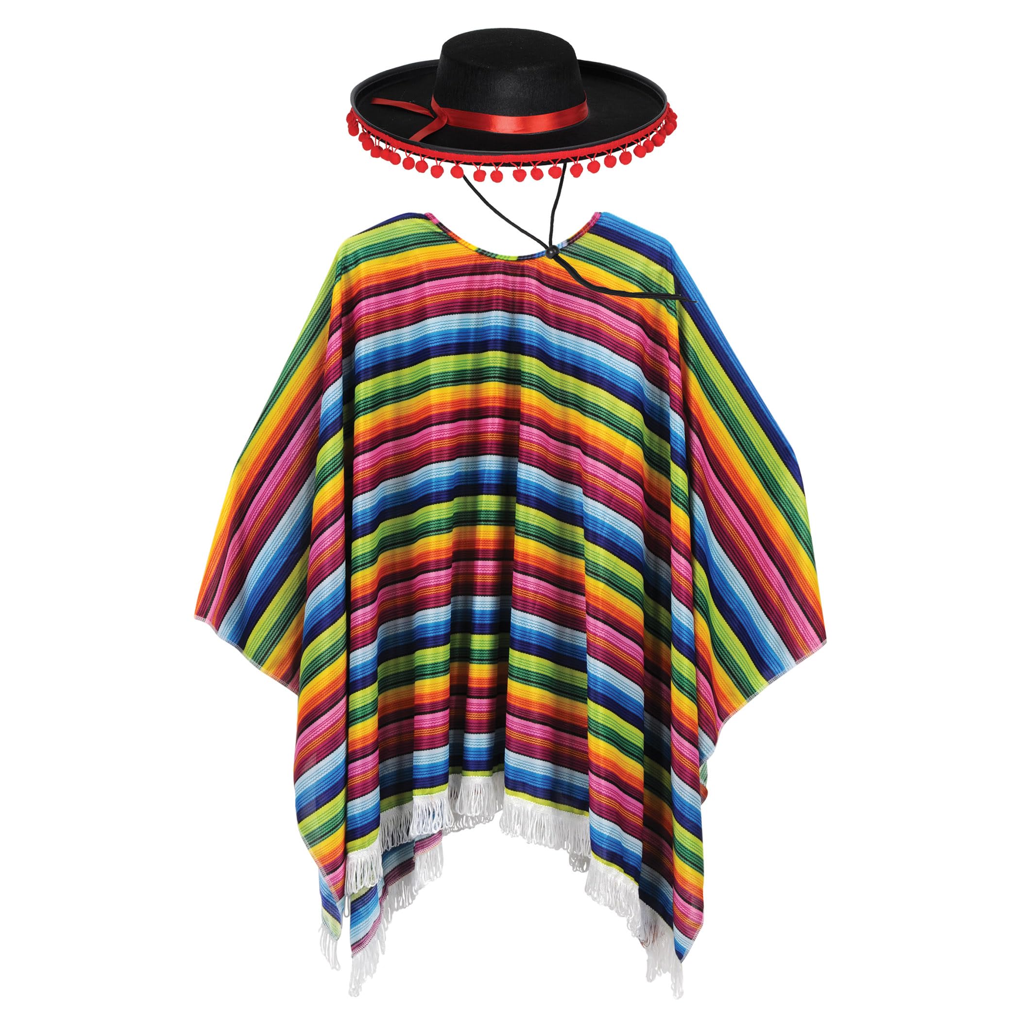 Beistle Fiesta-Kostüm-Set – Spanischer Hut aus Filz und bunter Serape-Poncho, lebendiges Verkleidungsset für Partys, Festivals, Paraden, Cinco de Mayo Feiern und kulturelle mexikanische