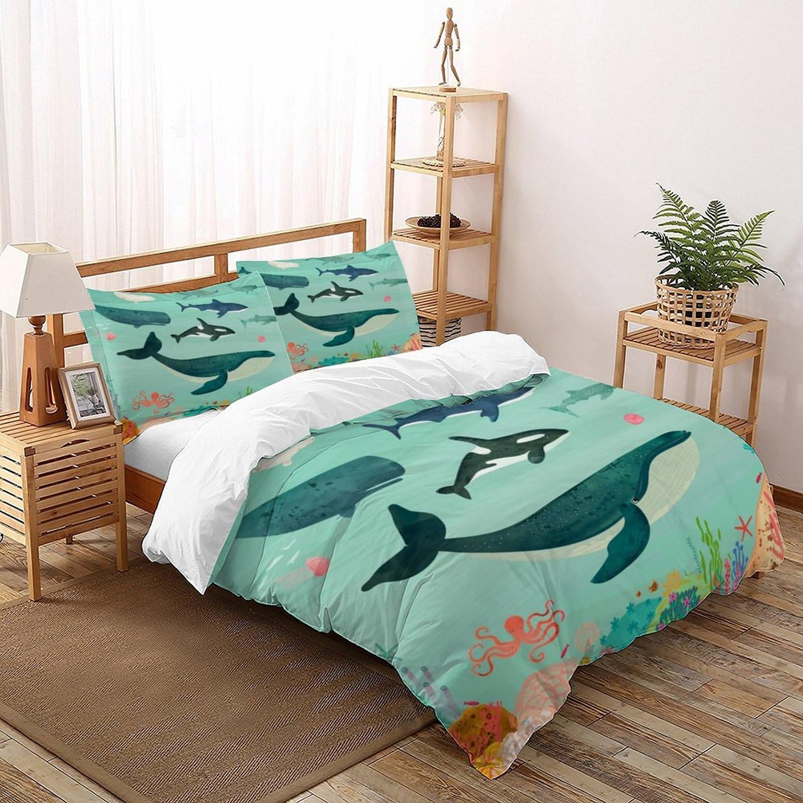 Whales Corals Bedding Set 3 Pieces Theme Bedspread Animal Theme Marine Animal Duvet Cover Set Microfiber Quilt Cover Suitable for Family,couple,children with Pillow Double（200x200cm）