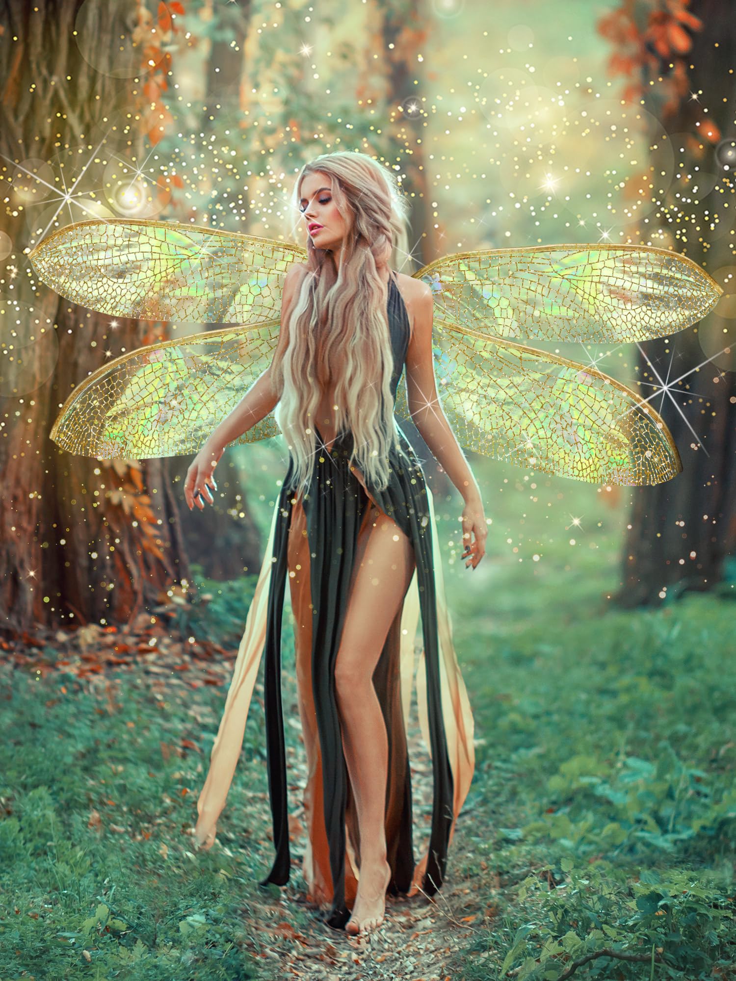 PullCrease Dragonfly Wings for Adults Halloween Fairy Dragonfly Wings Costume Large Cosplay Dress up Festive Party Favor(Gold Dazzling Color)
