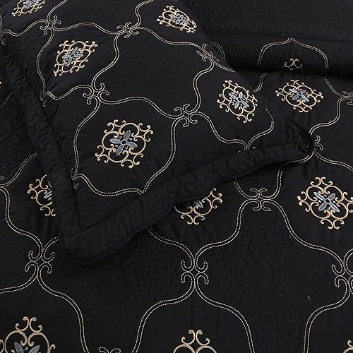 Miniatura 4 de MarCielo Juego de edredón bordado de 3 piezas ligero Emma (negro, California King)