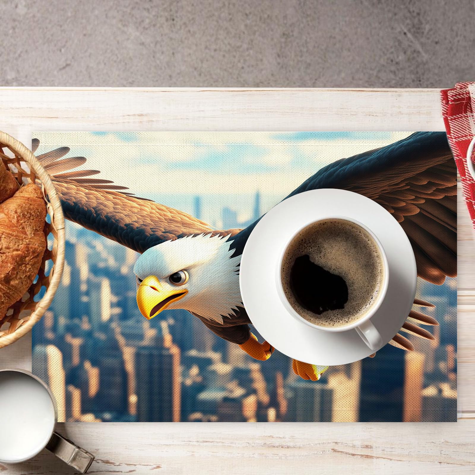 Set di 8 Tovagliette Americane Lavabili Cotone Lino Animali dei cartoni animati - Tovaglietta Americana Stoffa Resistenti al Calore Durevole Città dell'Aquila- per Colazione Pranzo