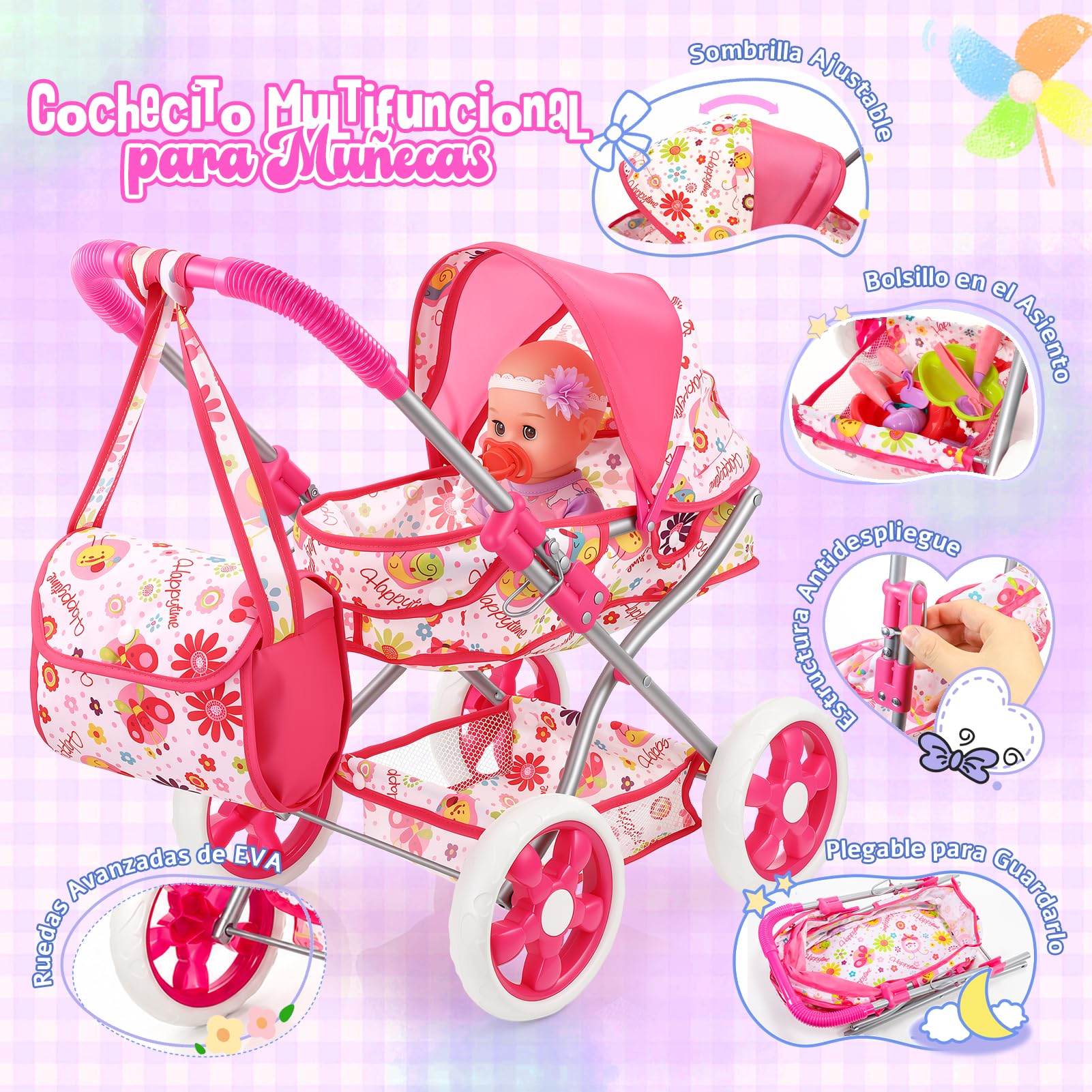 HappyGoLucky Carrito Bebe Juguetes con Muñeca de 28 cm, Ropa y Accesorios para Muñecas Juguetes Niños 2-8 Años Juego de rol Regalo Niña 3-7 Años Cochecito Muñecas Ideal para Cumpleaños y Navidad