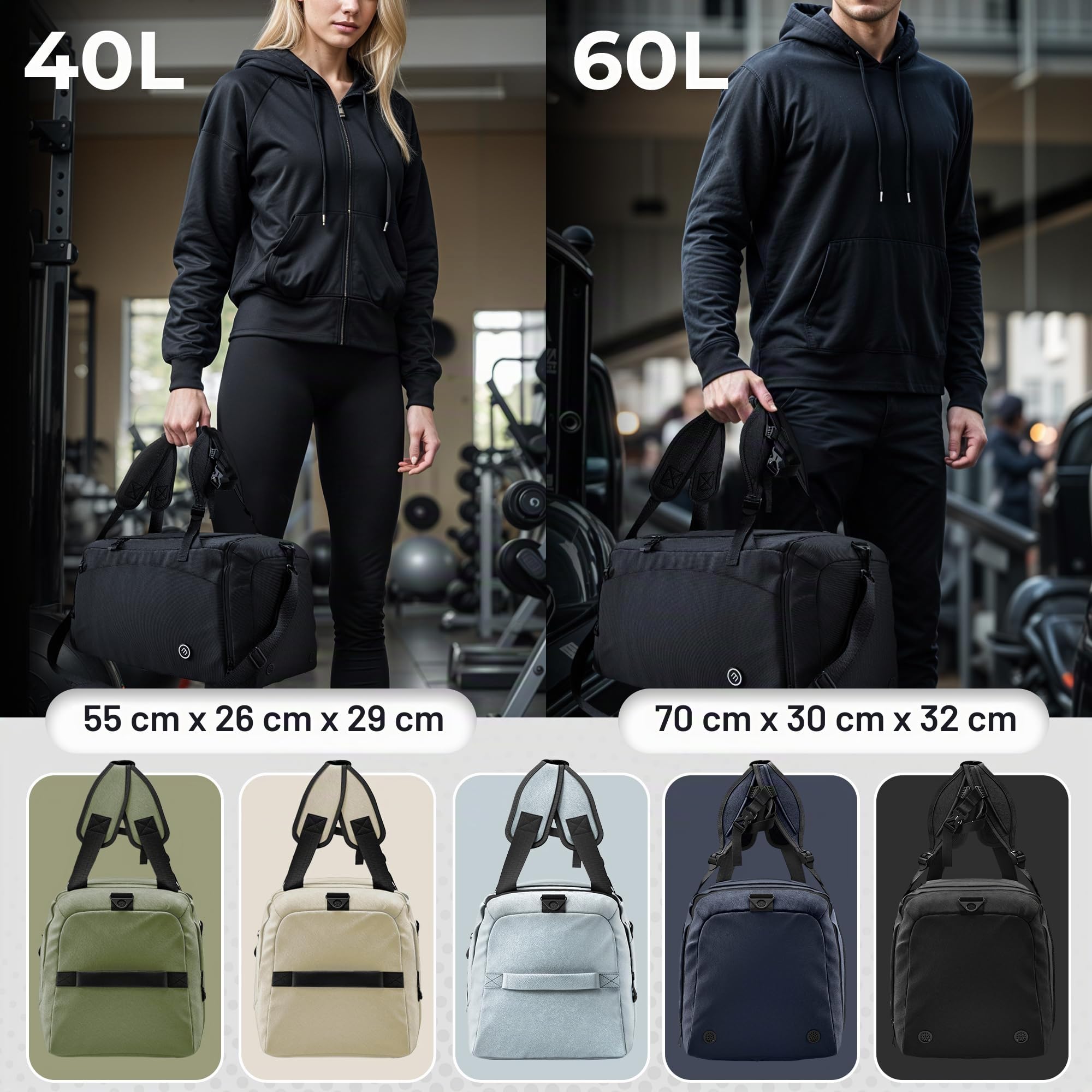 bemaxx Borsone Palestra Uomo Donna Borsa da Viaggio con Scomparto Scarpe e Bagnato | 40/60L con Funzione Zaino, 30/50L Borsa Sportiva da Allenamento Nuoto Fitness Gym Training Sacca Bagaglio a Mano