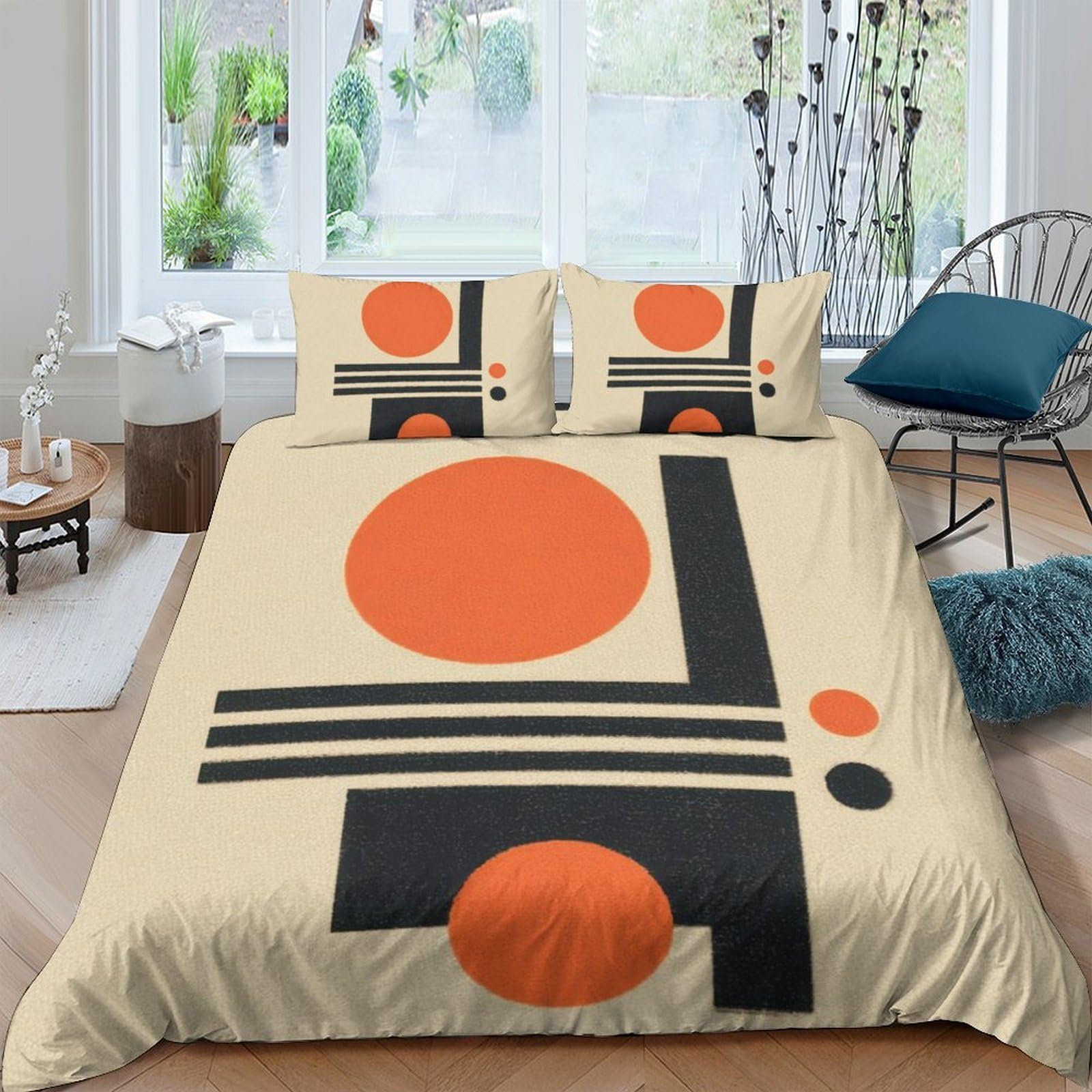 GPLZQXKJNH 3D Printed Geometric Abstract Duvet Cover Microfiber Orange Black Circle Bedding Set with 2 Pillowcases for Bedroom Decor Single（135x200cm）