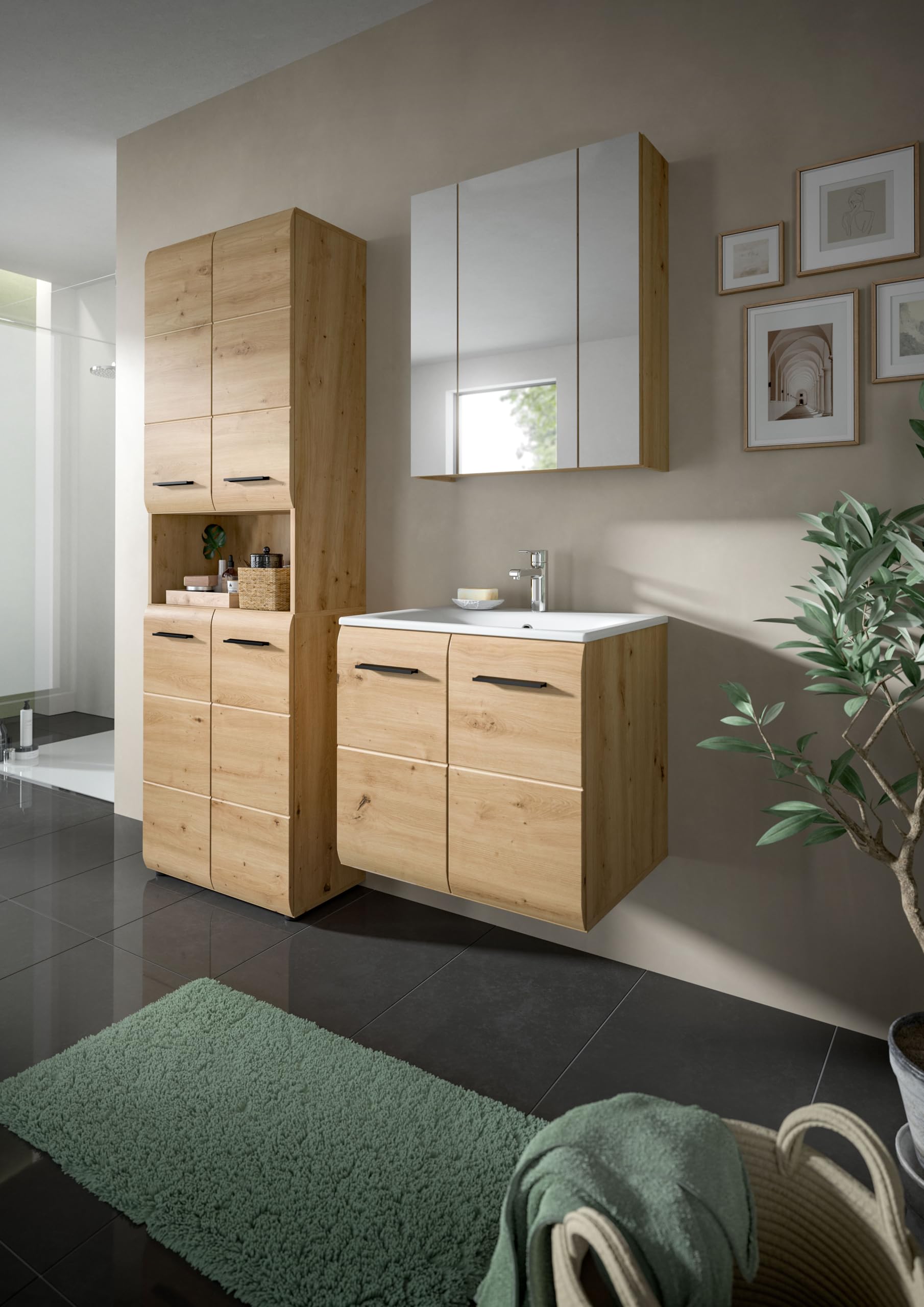 xonox.home – Waschtisch Ice 60x55x46 cm inkl. Waschbecken in Korpus und Front Artisan Oak Nachbildung – Waschplatz für Badezimmer in Holzoptik – modern & kompakt