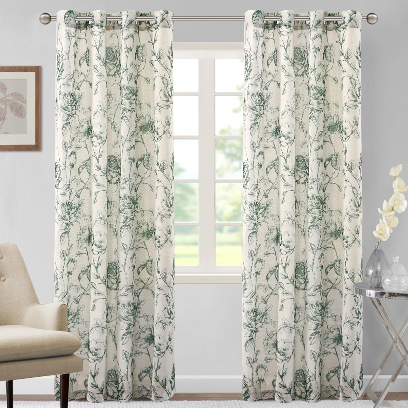 DEZYPZAM Floral Linen Semi Sheer Curtains, Light Filtering Privacy Window Curtains, Semi Sheer Window Curtain Drapes for Living Room/Bedroom (Dark Green,52 x 96 inch)