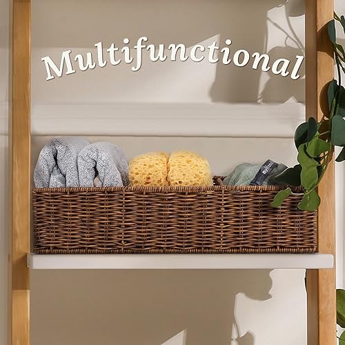 Miniatura 6 de Cesta de mimbre con 3 compartimentos, almacenamiento de inodoro, encimera organizadora de baño, mimbre de resina, 1 unidad, caramelo