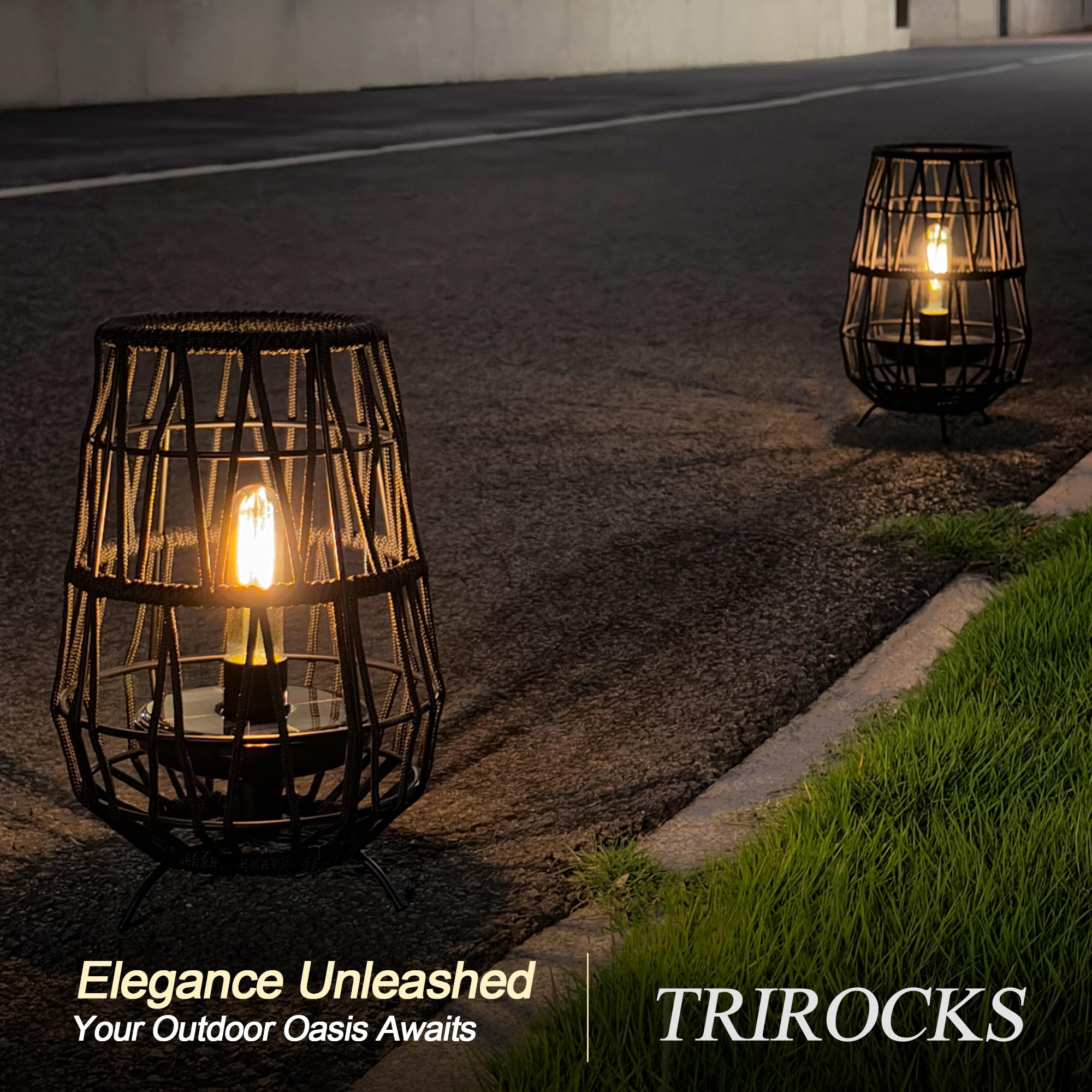 TRIROCKS Solarleuchten für den Garten, 2 Pack 30cm hohe Solarlaternen mit Olefin-Seil, wasserfeste Solar-Gartendekoration, kabellose Tischlampe für Terrasse, Rasen, Hof, Außendekoration (Schwarz)
